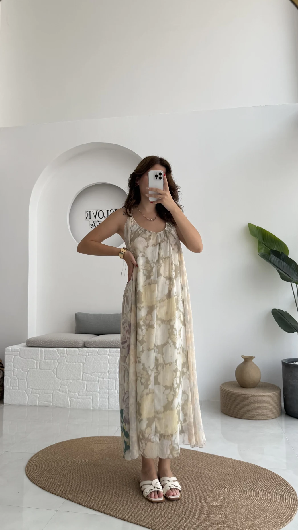 Lime Askılı Dökümlü Elbise - Açık Ton 1 - 3321