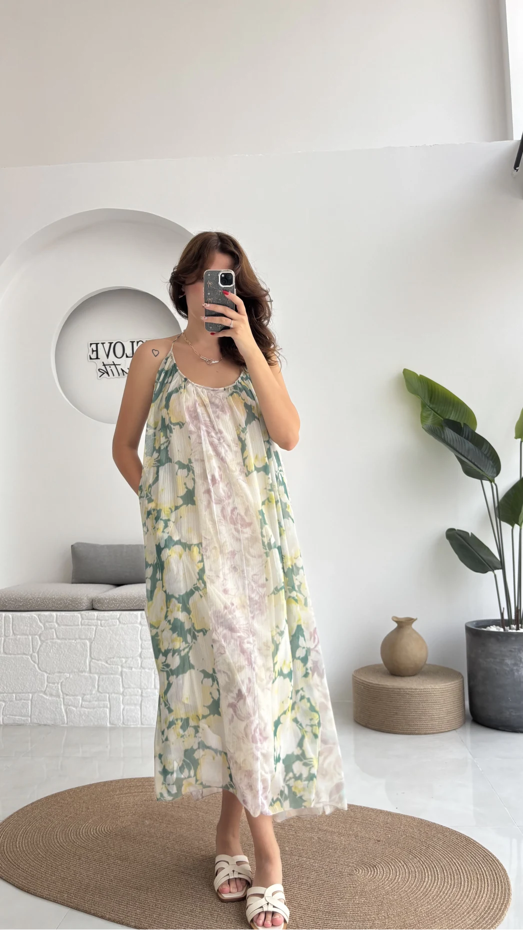 Lime Askılı Dökümlü Elbise - Koyu Ton 2 - 3321