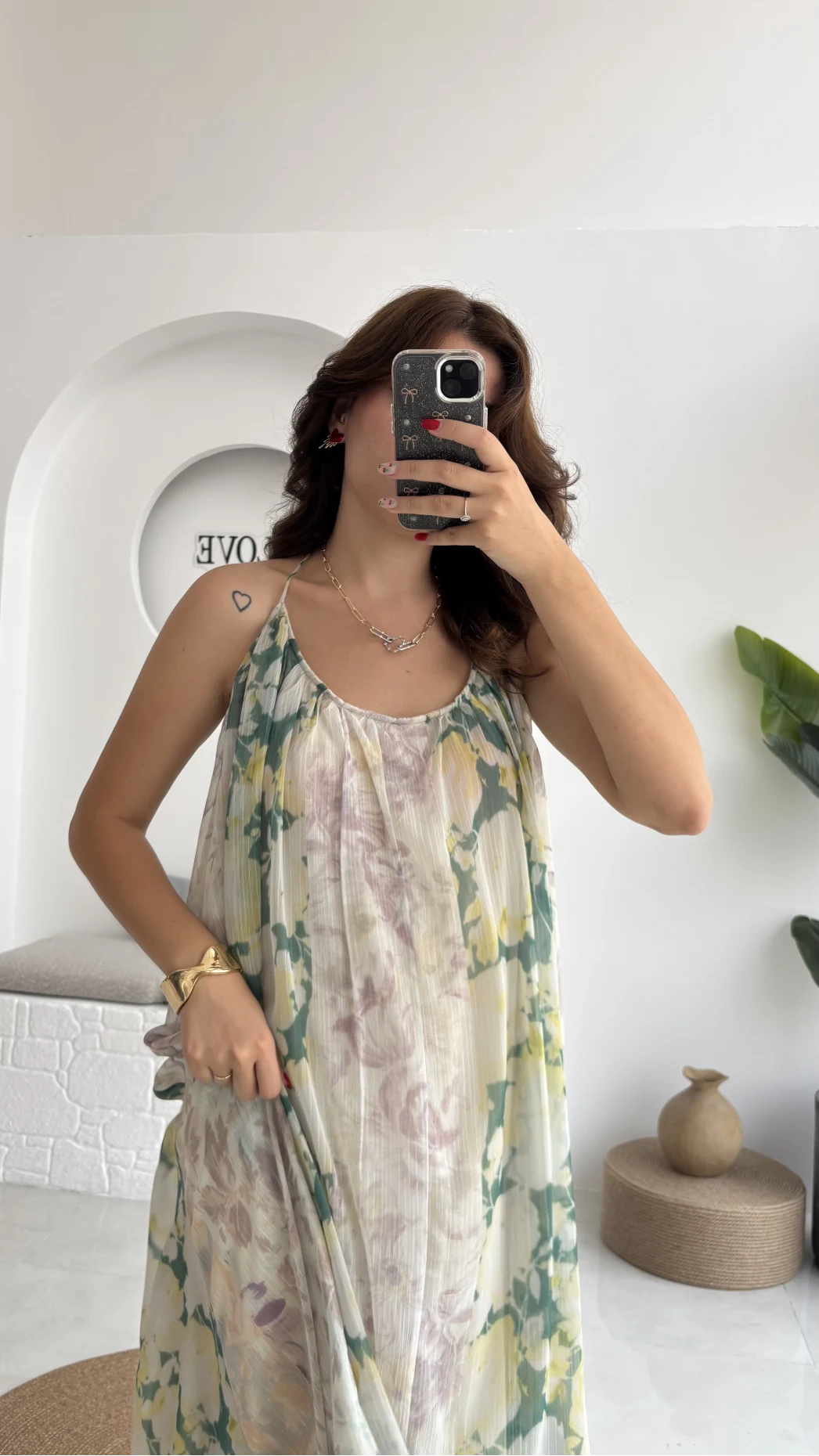 Lime Askılı Dökümlü Elbise - Koyu Ton 2 - 3321