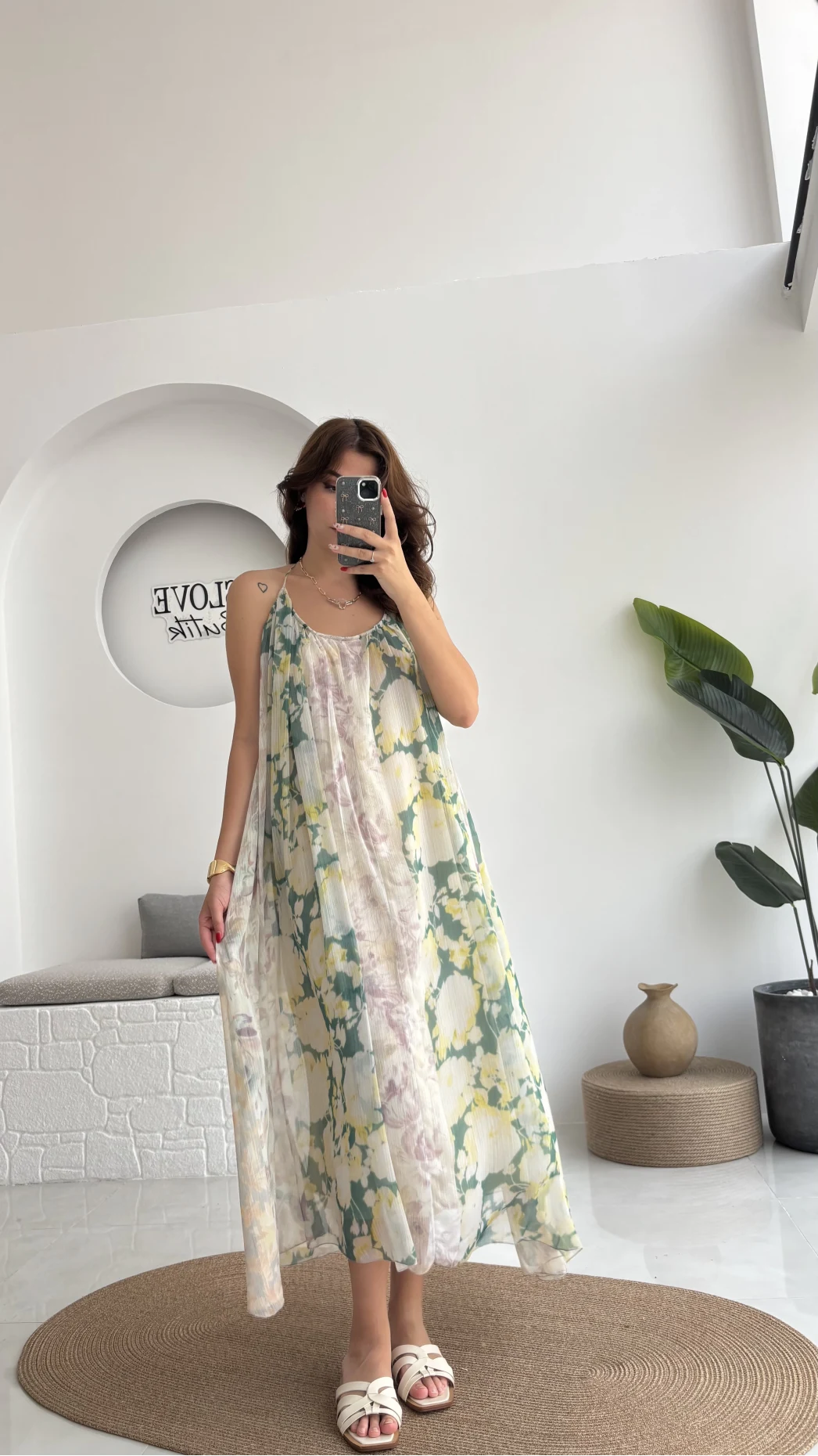 Lime Askılı Dökümlü Elbise - Koyu Ton 2 - 3321