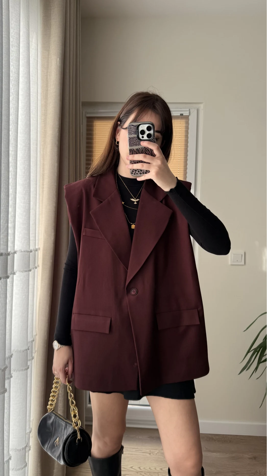 Line Kemerli Vatkalı Yelek Bordo