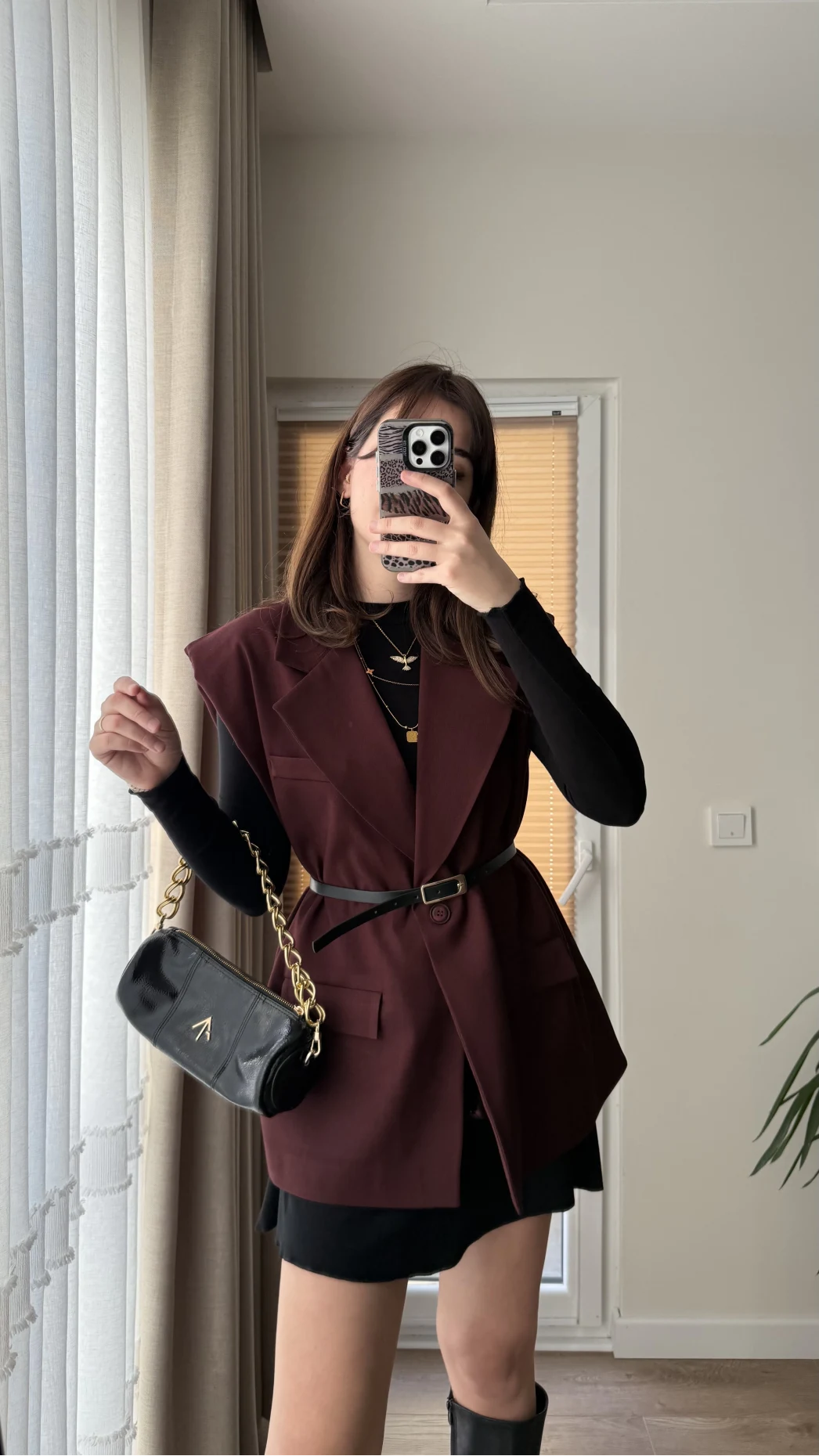 Line Kemerli Vatkalı Yelek Bordo