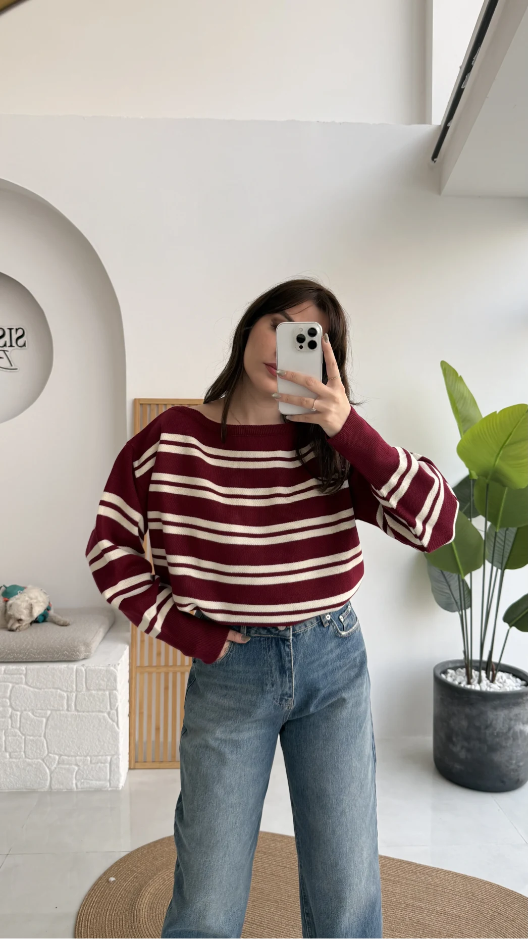 Liora Kayık Yaka Çizgili Kazak - Bordo