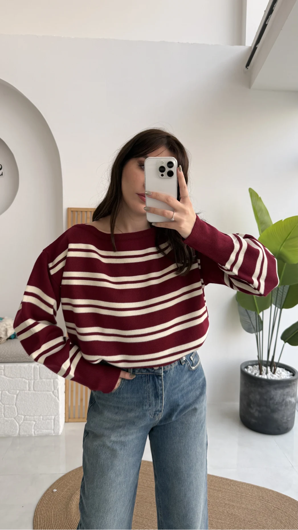 Liora Kayık Yaka Çizgili Kazak - Bordo