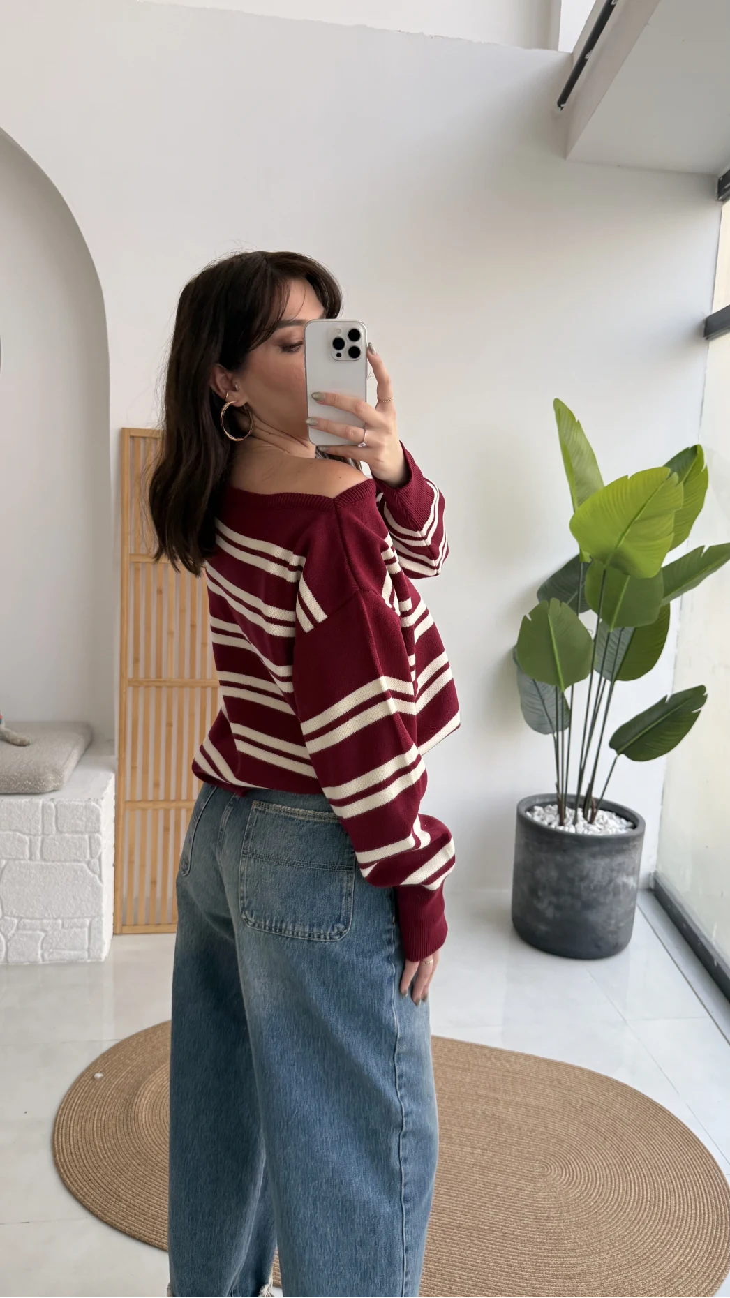 Liora Kayık Yaka Çizgili Kazak - Bordo