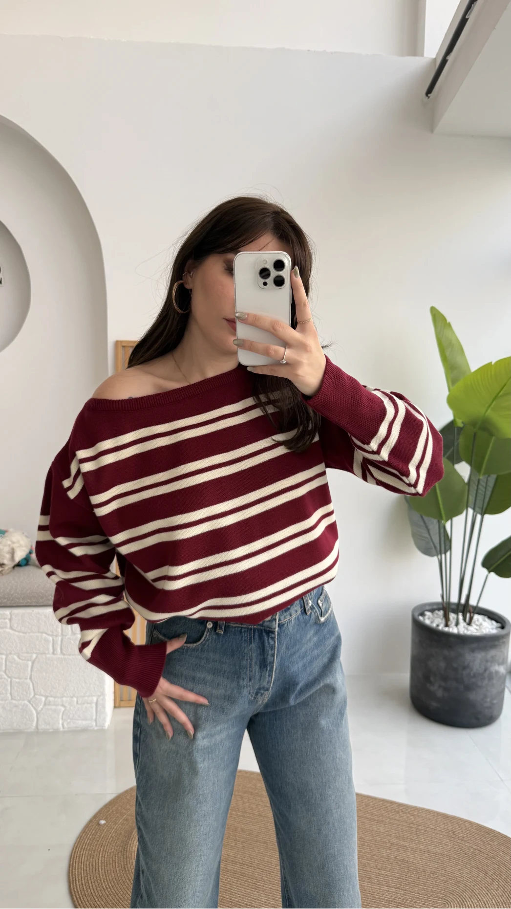 Liora Kayık Yaka Çizgili Kazak - Bordo