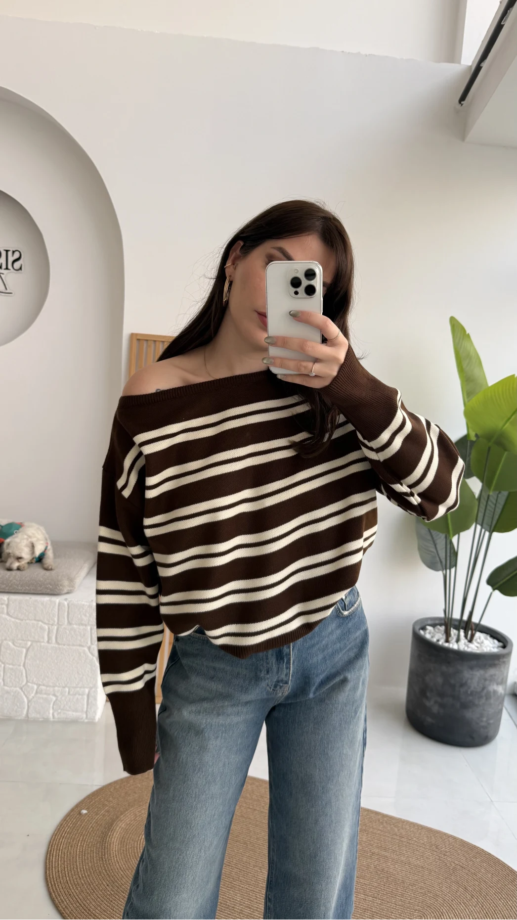 Liora Kayık Yaka Çizgili Kazak - Kahverengi