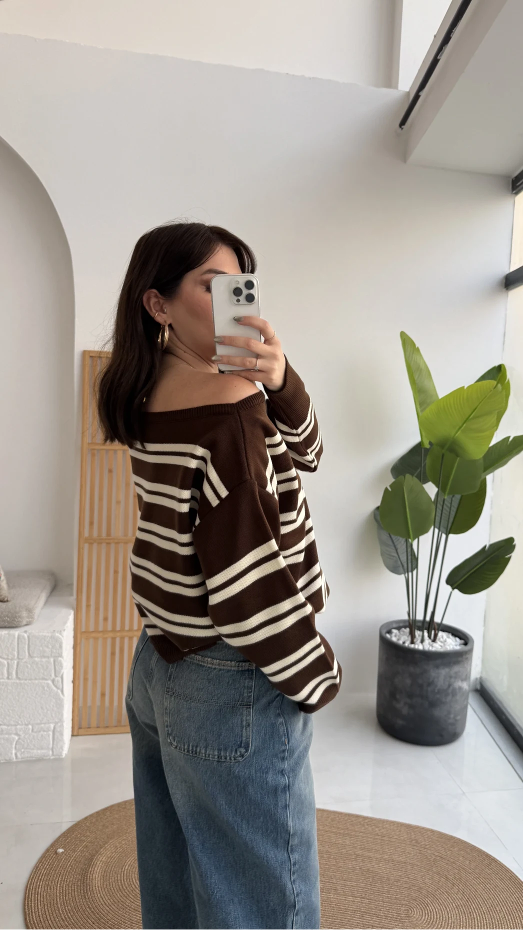 Liora Kayık Yaka Çizgili Kazak - Kahverengi