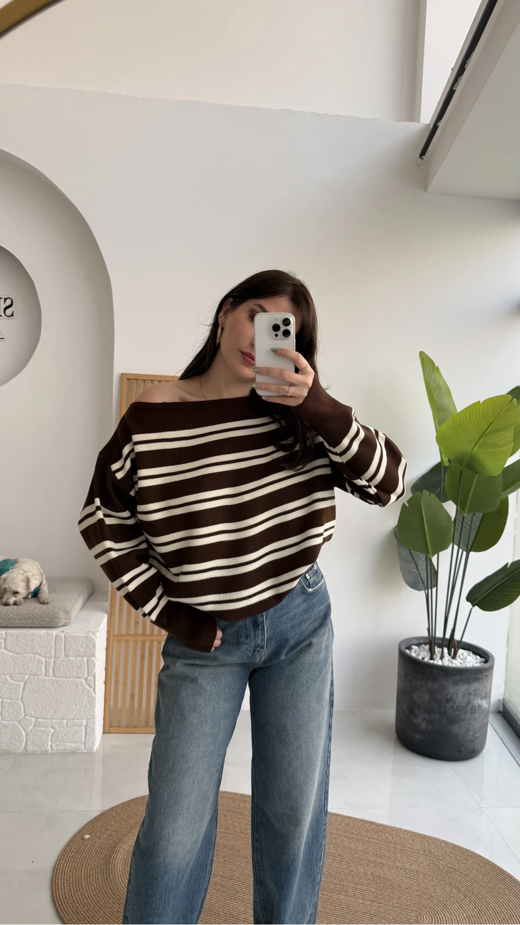 Liora Kayık Yaka Çizgili Kazak - Kahverengi