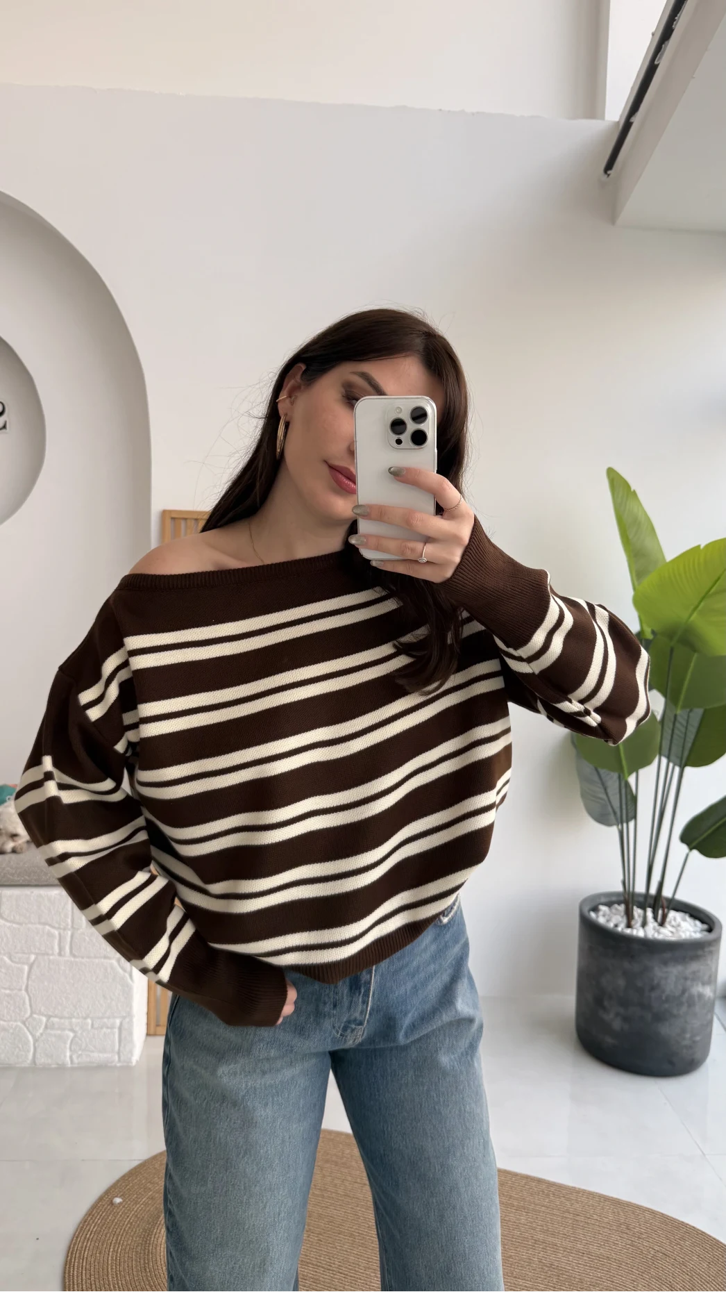 Liora Kayık Yaka Çizgili Kazak - Kahverengi