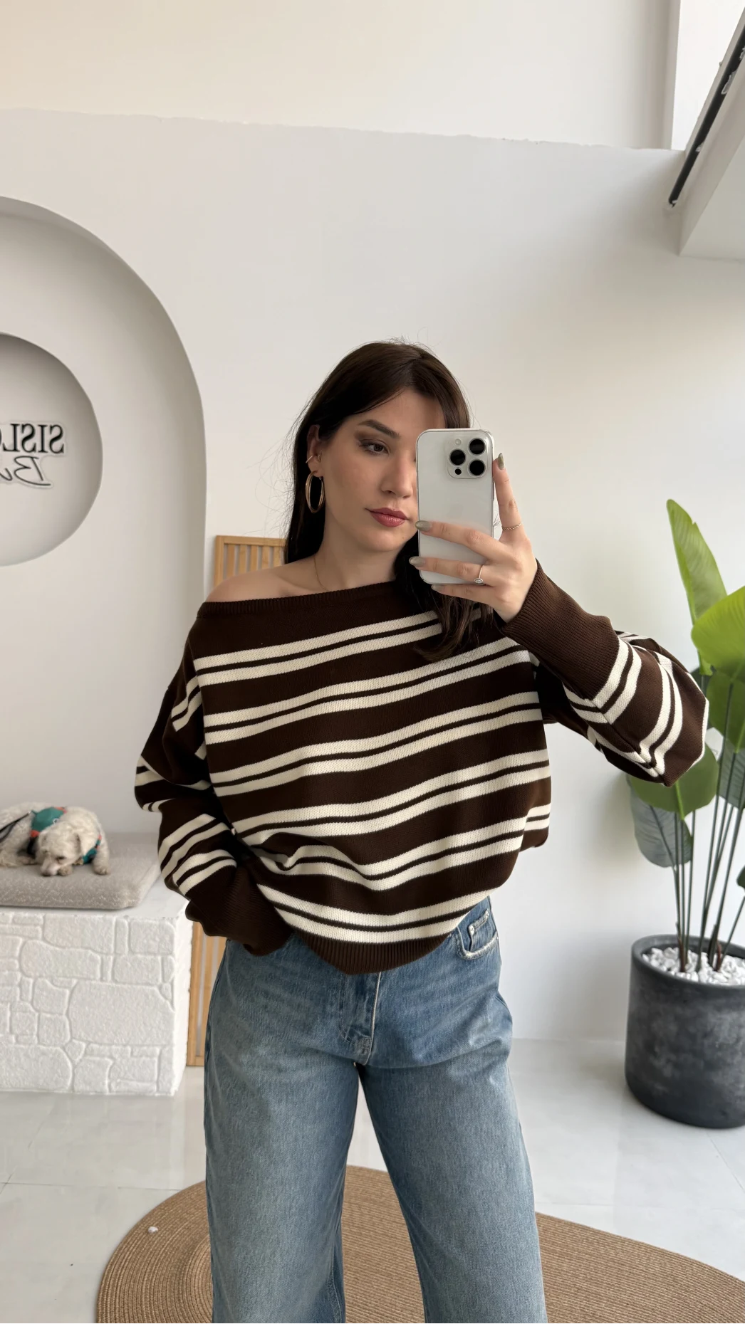 Liora Kayık Yaka Çizgili Kazak - Kahverengi