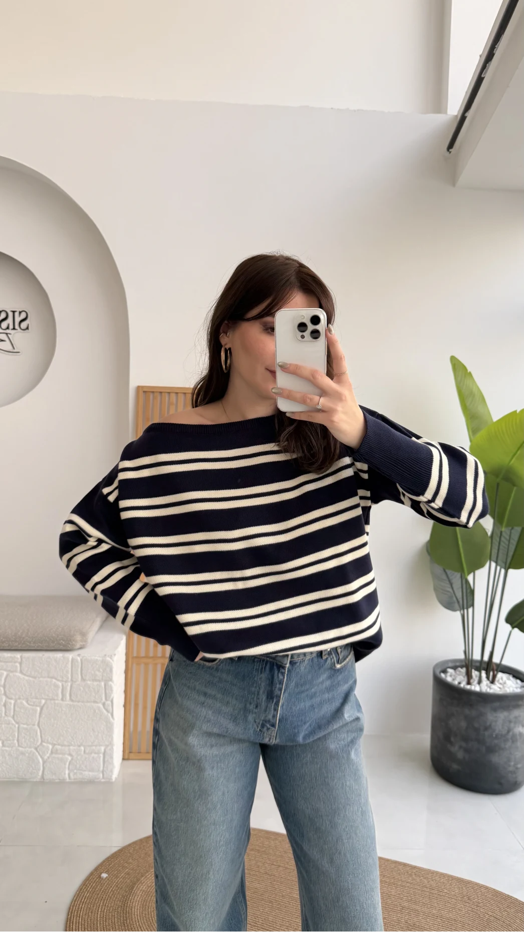 Liora Kayık Yaka Çizgili Kazak - Lacivert