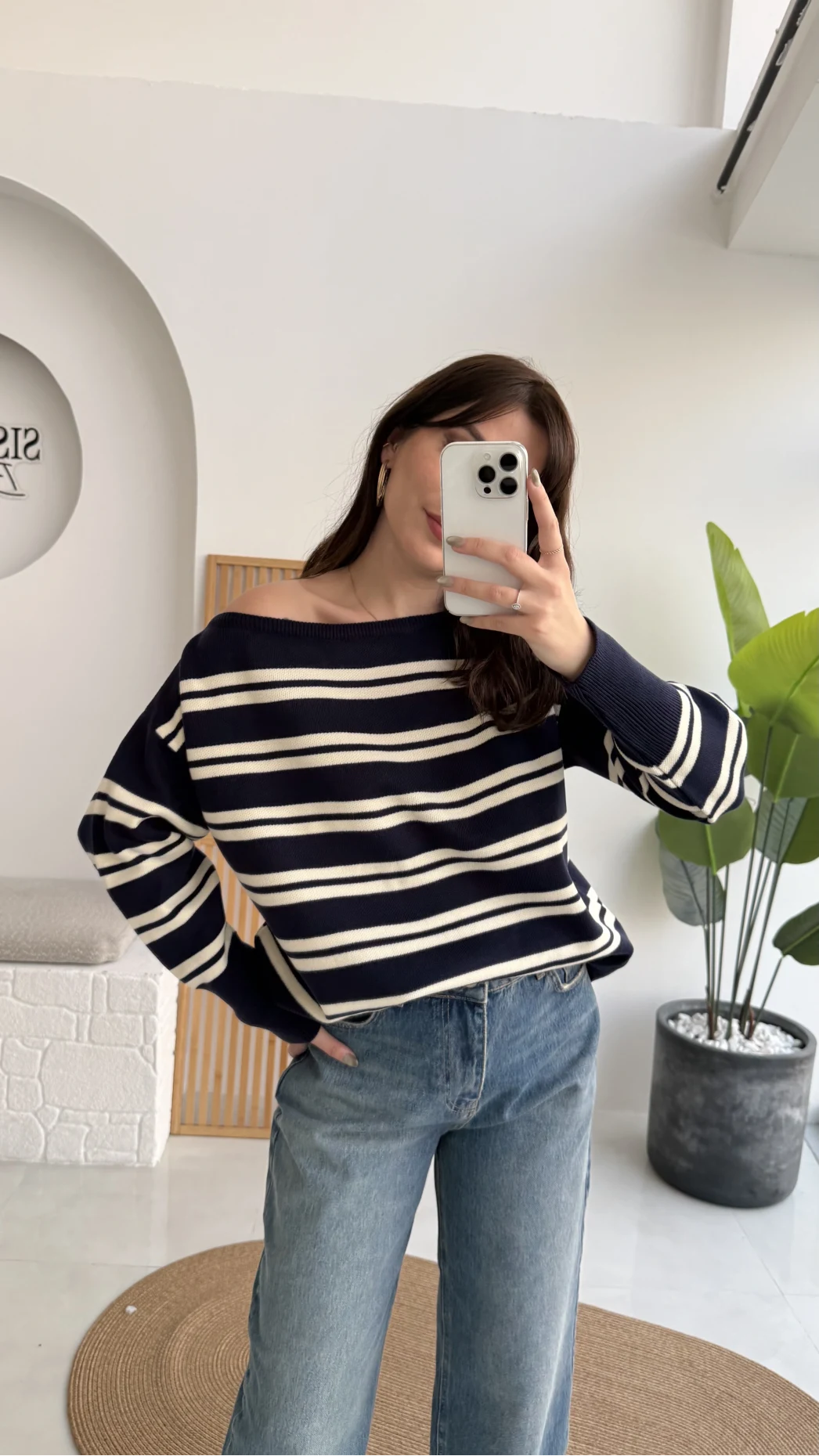 Liora Kayık Yaka Çizgili Kazak - Lacivert