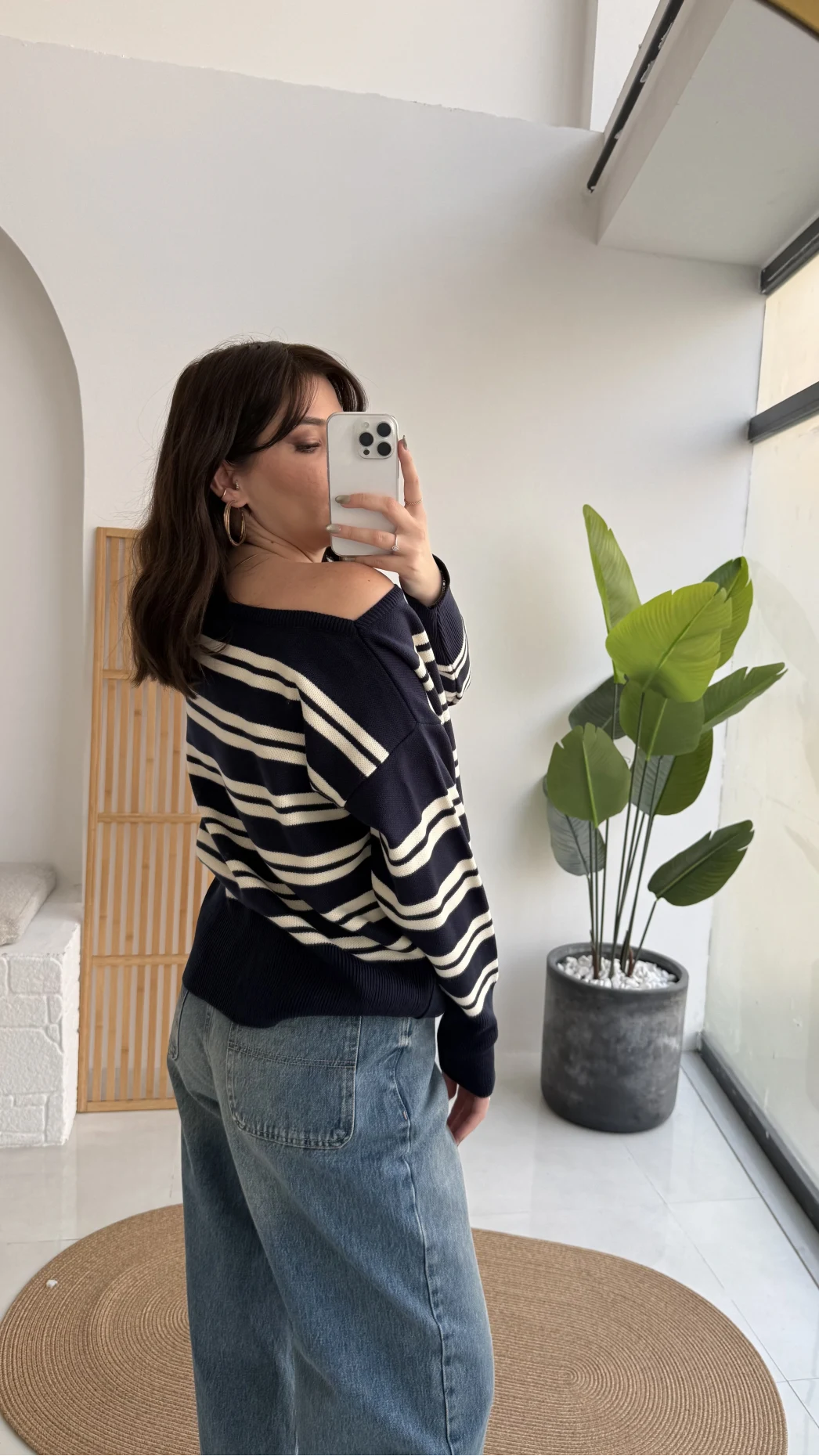 Liora Kayık Yaka Çizgili Kazak - Lacivert