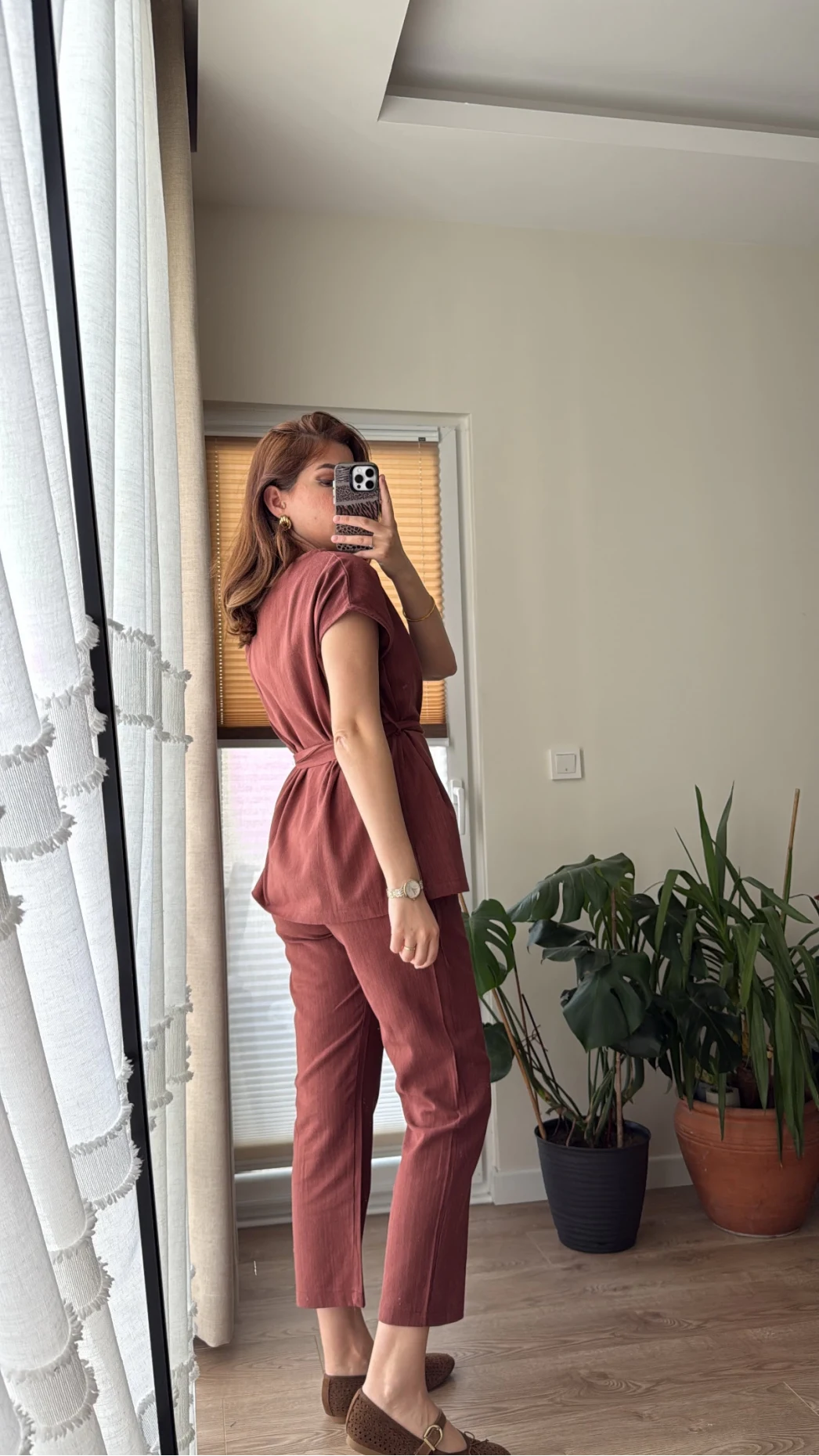 Lipa Omuz Detay Kuşaklı Takım - Kiremit - 8644