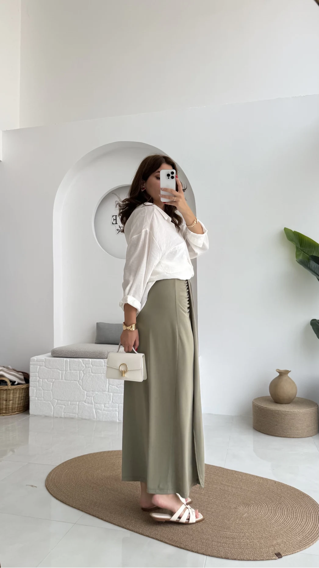 Lotus Yırtmaçlı Büzgülü Etek - Haki - 3345