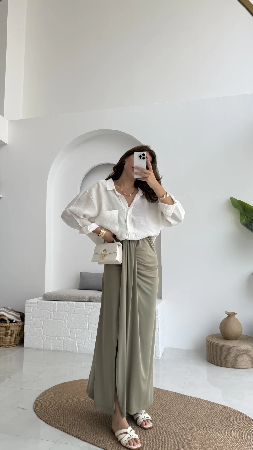 Lotus Yırtmaçlı Büzgülü Etek - Haki - 3345