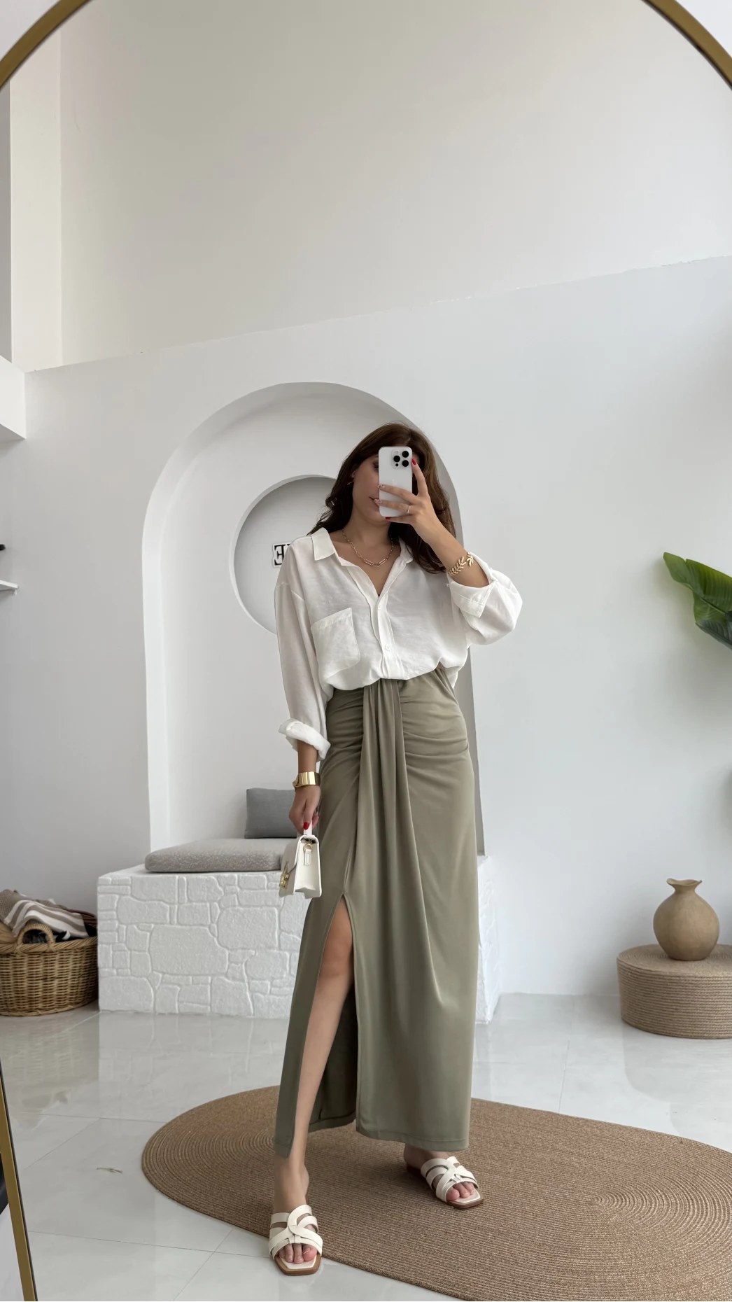 Lotus Yırtmaçlı Büzgülü Etek - Haki - 3345