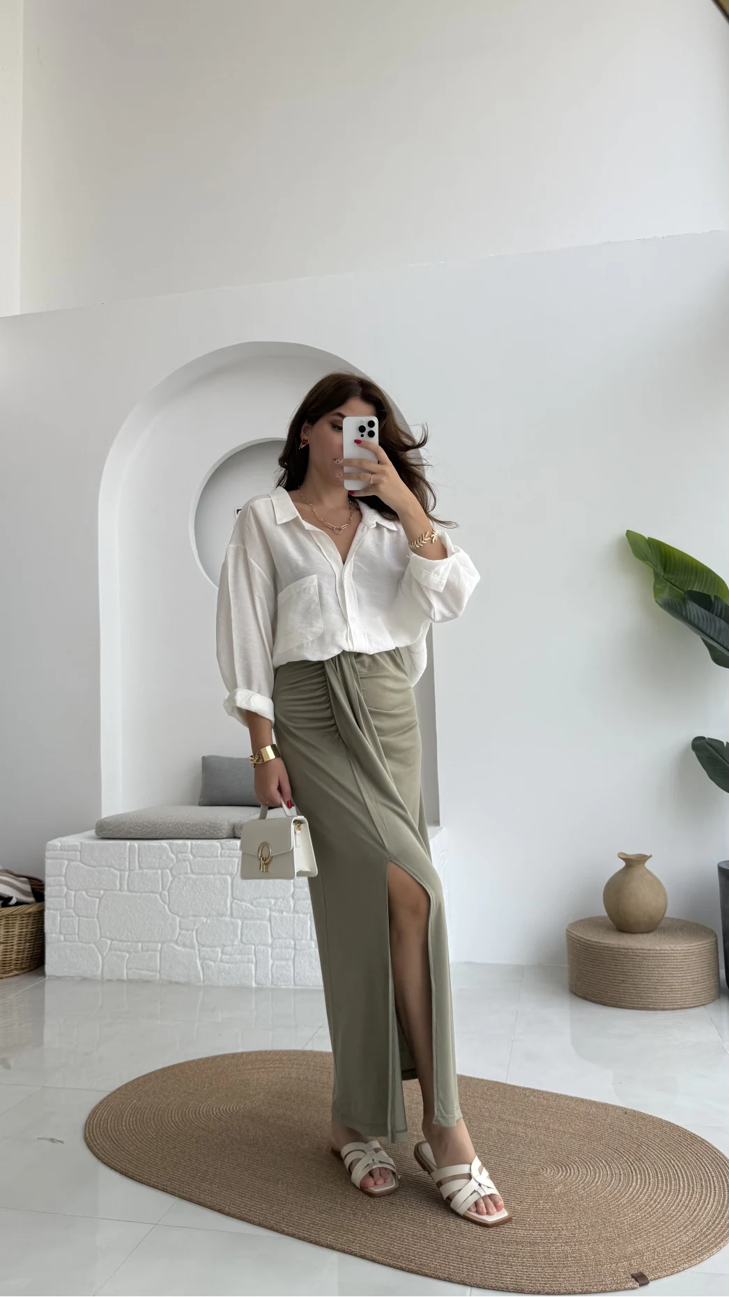 Lotus Yırtmaçlı Büzgülü Etek - Haki - 3345