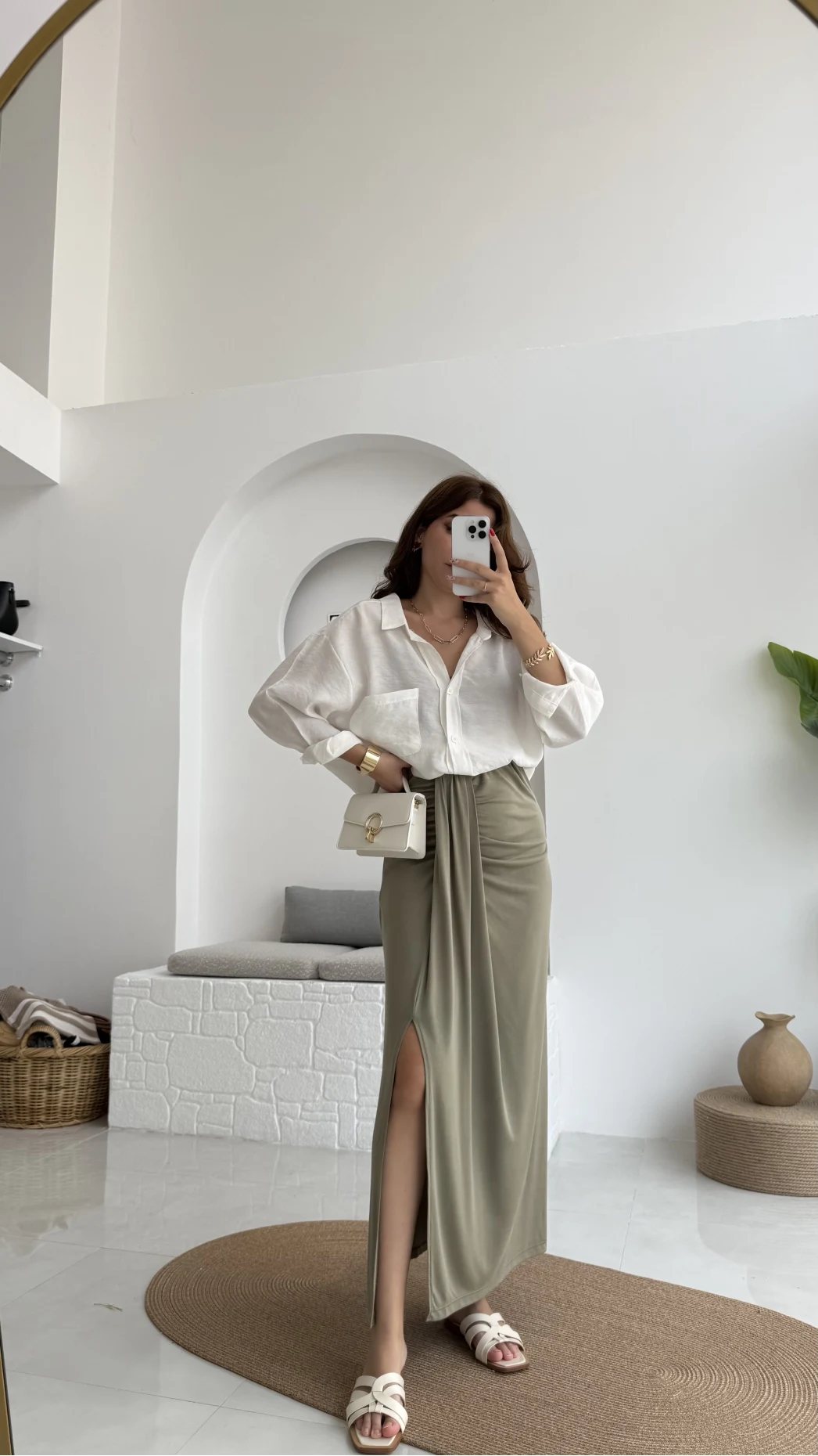 Lotus Yırtmaçlı Büzgülü Etek - Haki - 3345