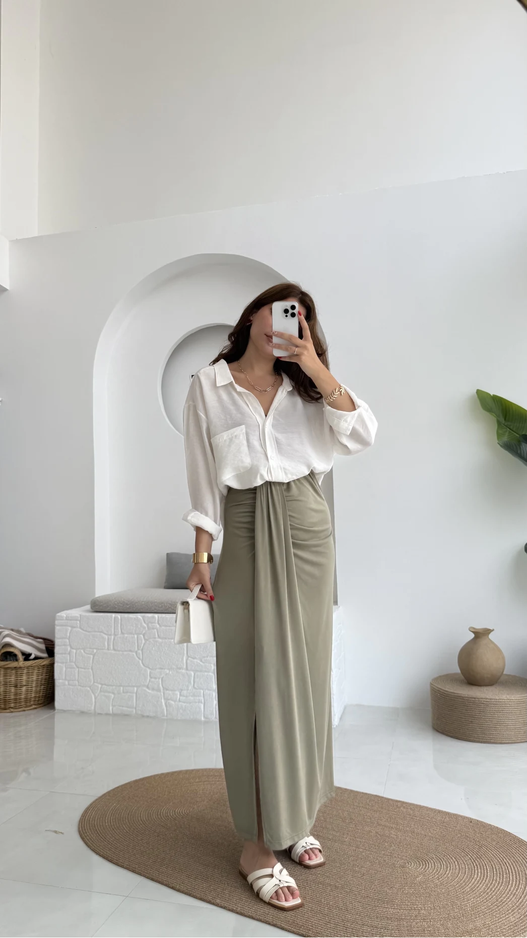 Lotus Yırtmaçlı Büzgülü Etek - Haki - 3345