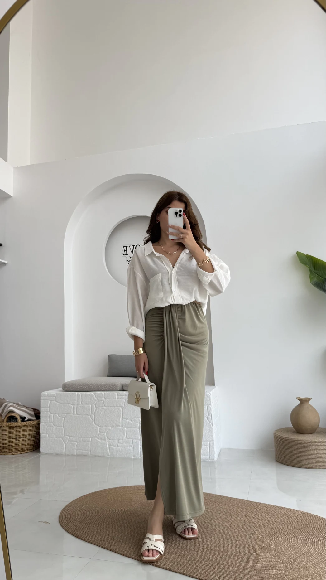 Lotus Yırtmaçlı Büzgülü Etek - Haki - 3345