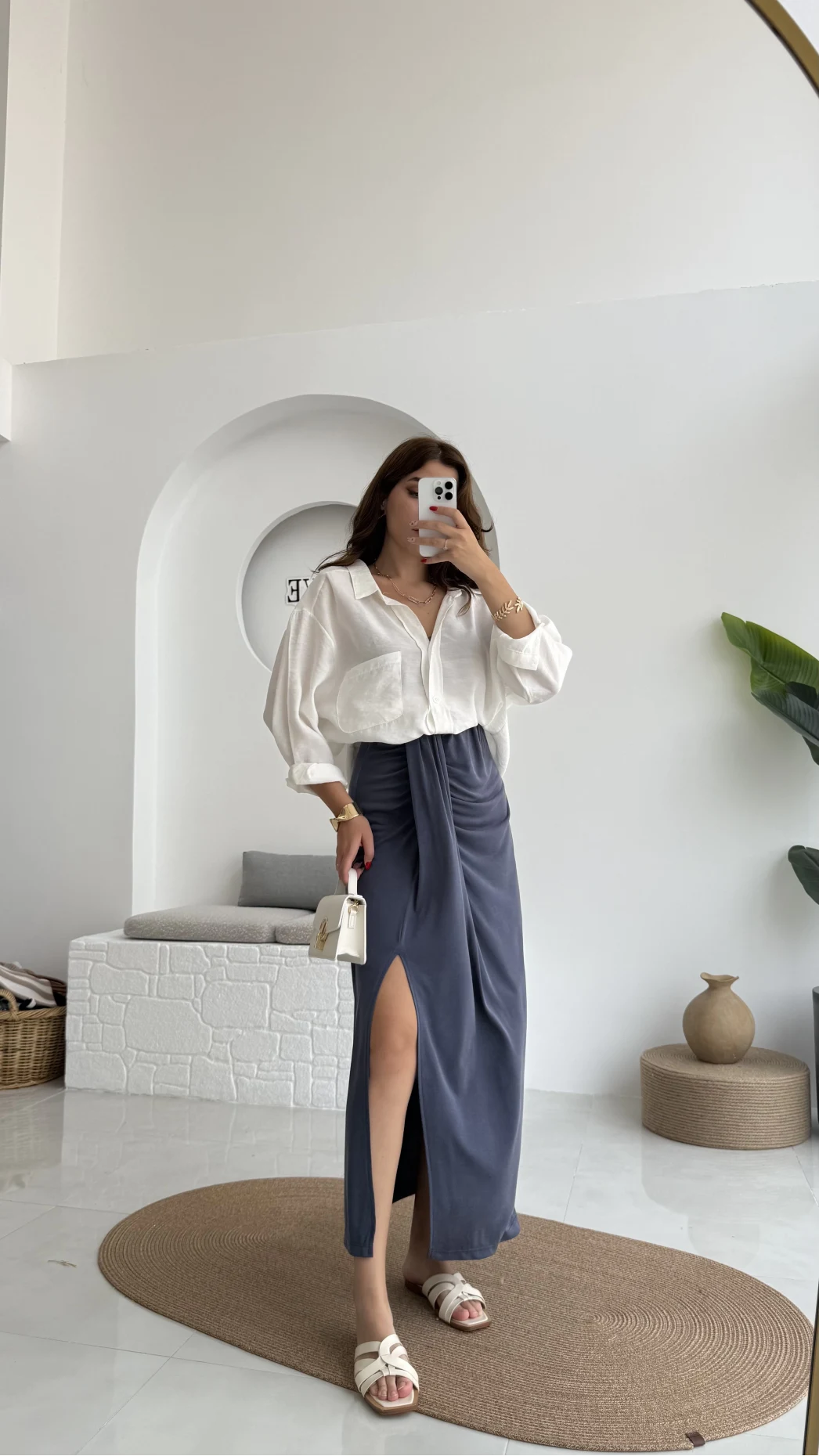 Lotus Yırtmaçlı Büzgülü Etek - İndigo - 3345