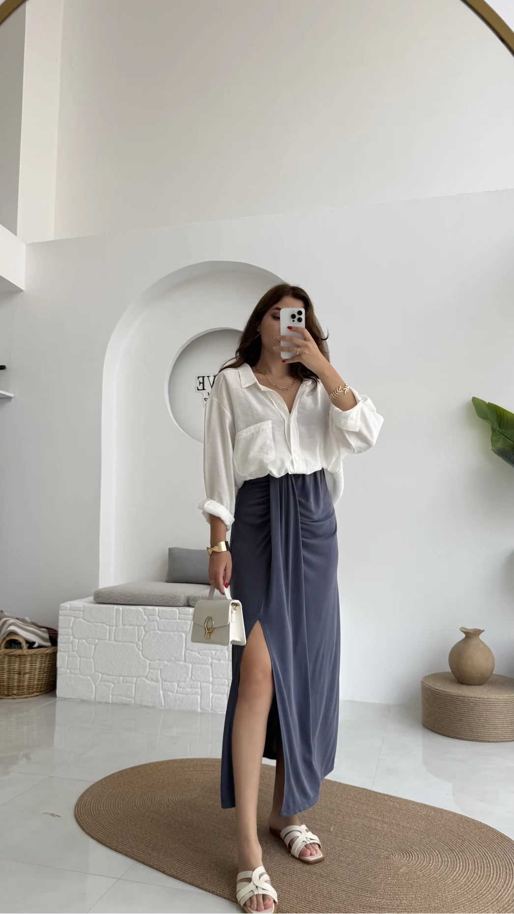 Lotus Yırtmaçlı Büzgülü Etek - İndigo - 3345