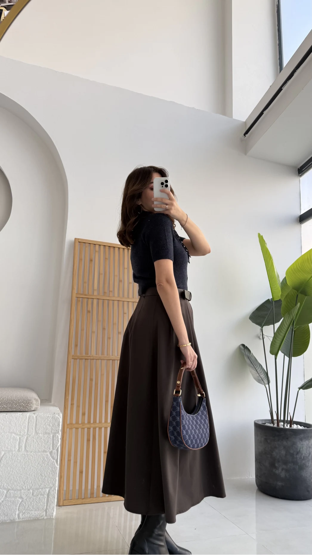 Lovelyy Poliviskon Kemerli Midi Etek - Koyu Kahve - Kod: 3360