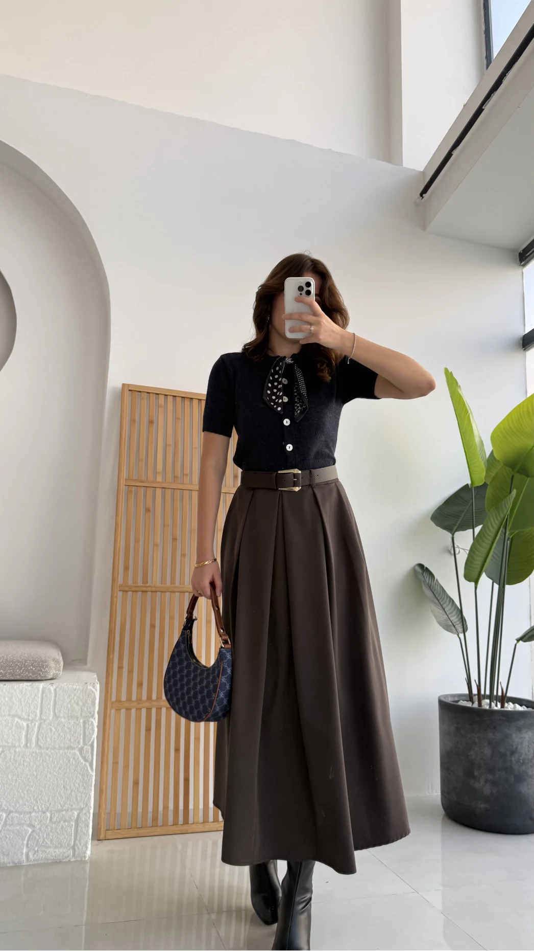 Lovelyy Poliviskon Kemerli Midi Etek - Koyu Kahve - Kod: 3360