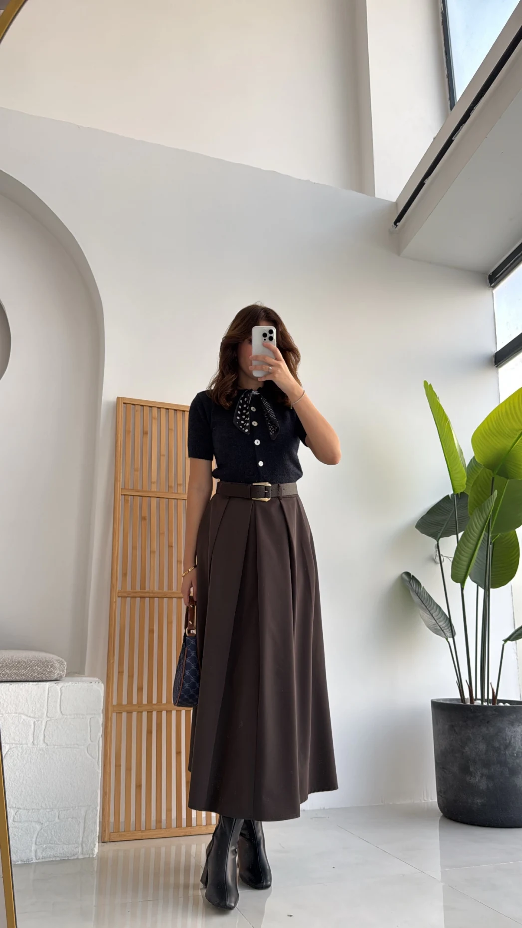 Lovelyy Poliviskon Kemerli Midi Etek - Koyu Kahve - Kod: 3360