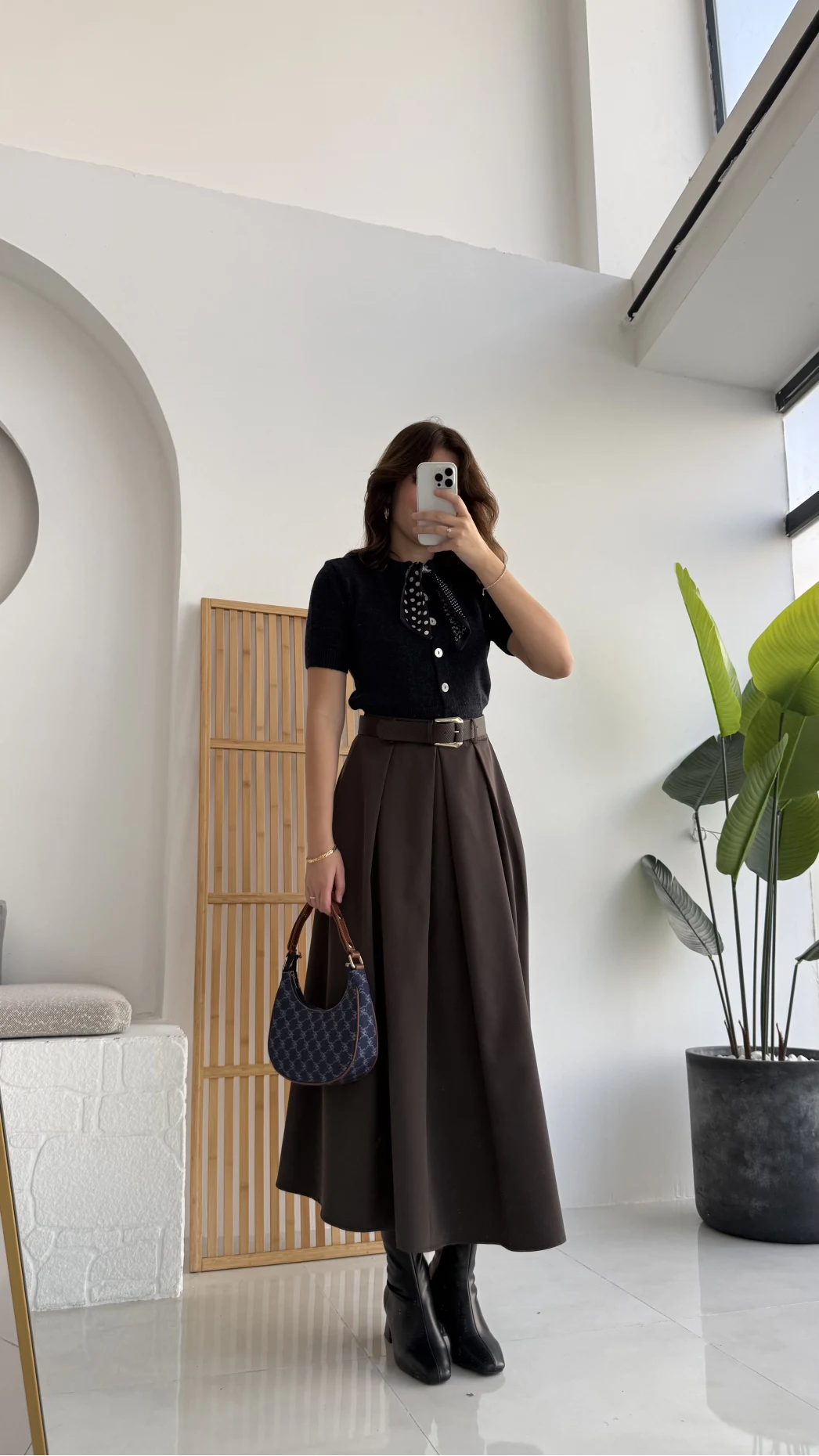 Lovelyy Poliviskon Kemerli Midi Etek - Koyu Kahve - Kod: 3360