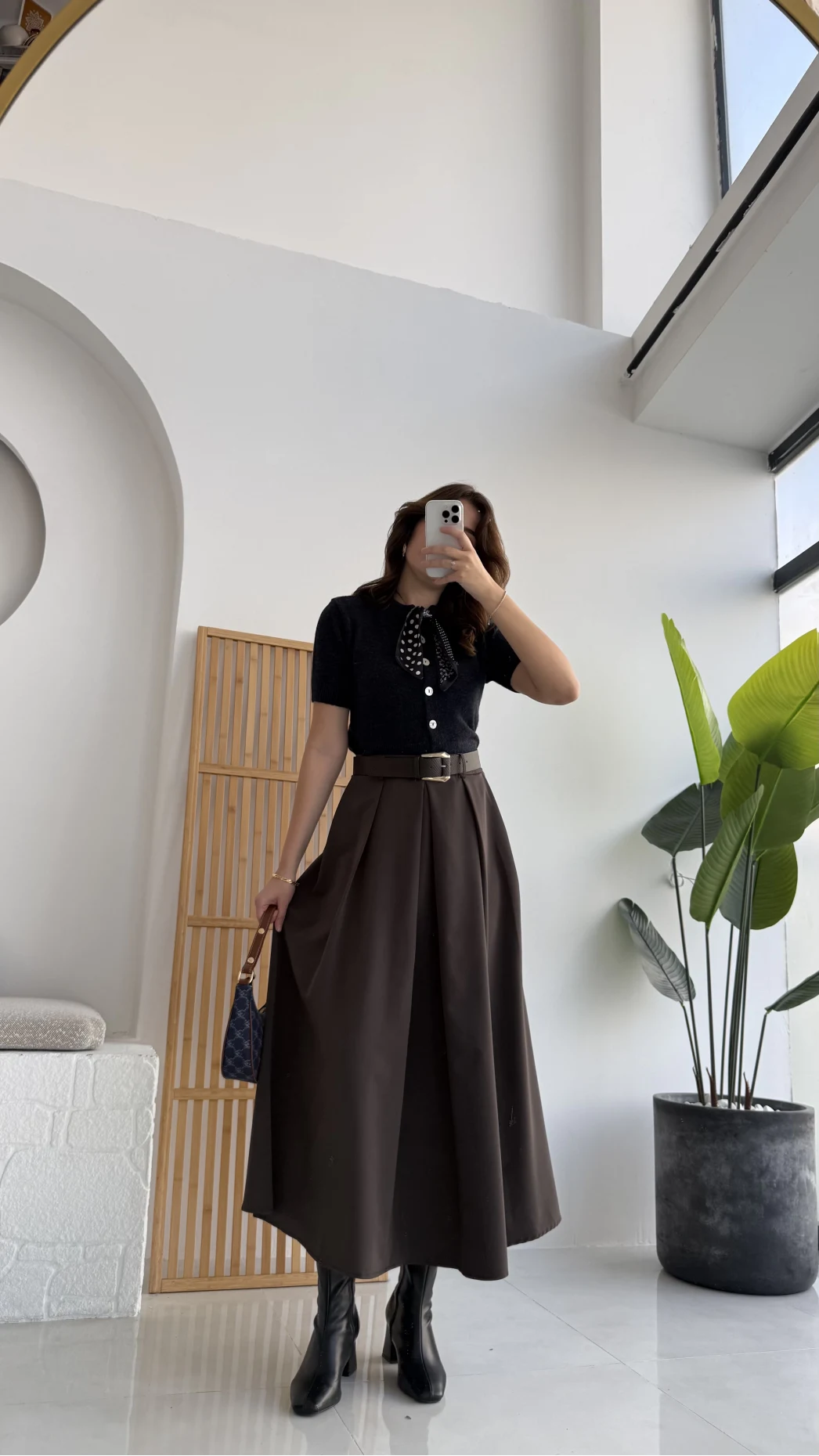 Lovelyy Poliviskon Kemerli Midi Etek - Koyu Kahve - Kod: 3360