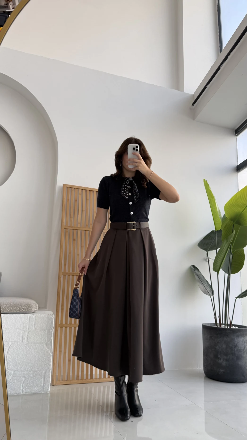 Lovelyy Poliviskon Kemerli Midi Etek - Koyu Kahve - Kod: 3360