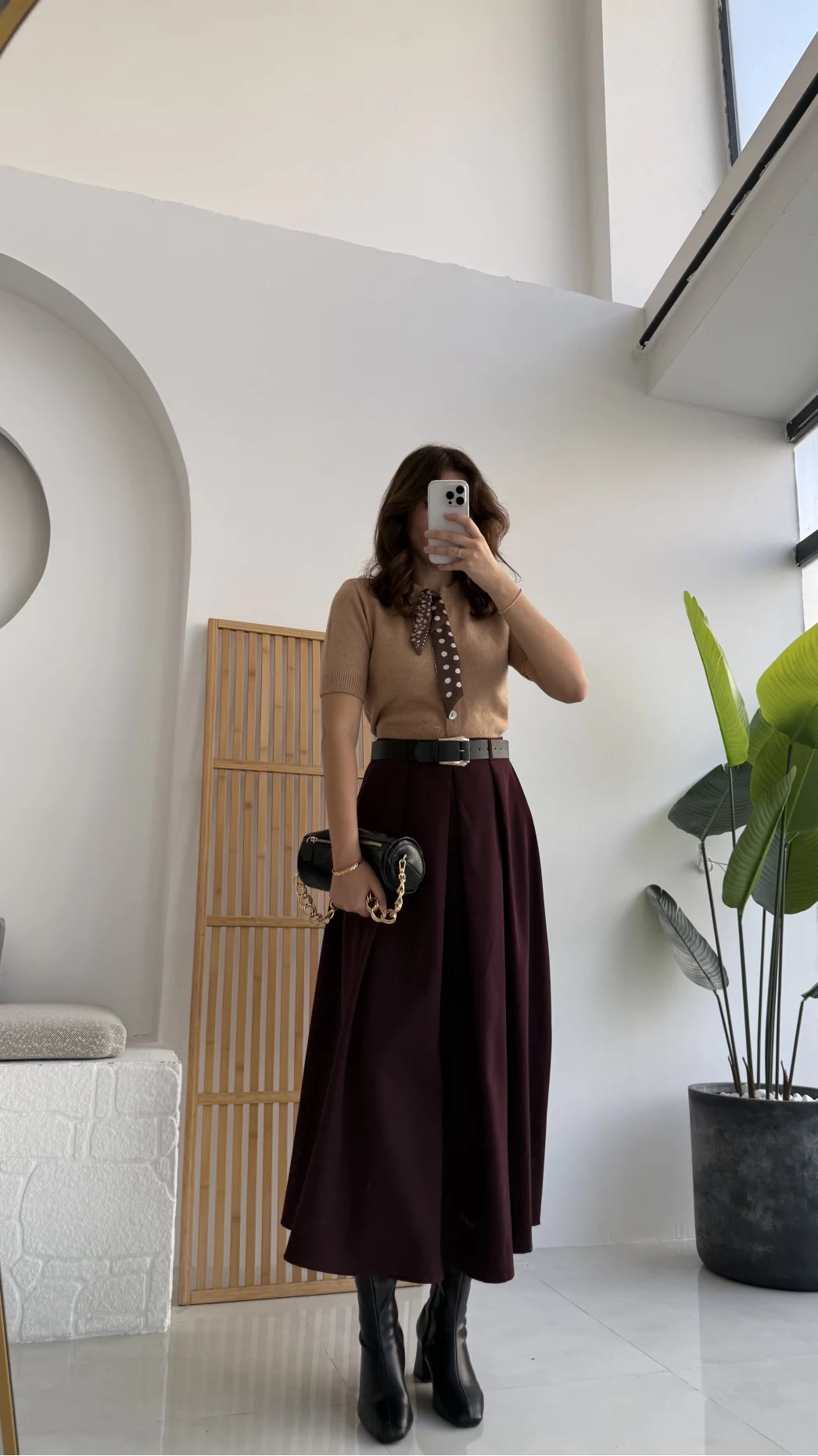 Lovelyy Poliviskon Kemerli Midi Etek - Bordo - Kod: 3360