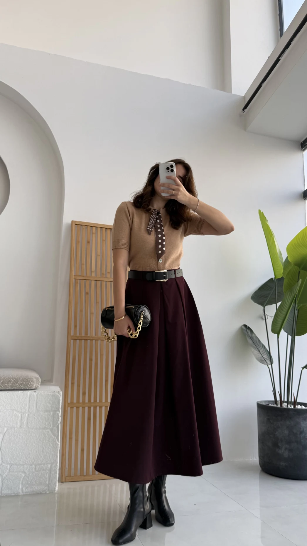 Lovelyy Poliviskon Kemerli Midi Etek - Bordo - Kod: 3360