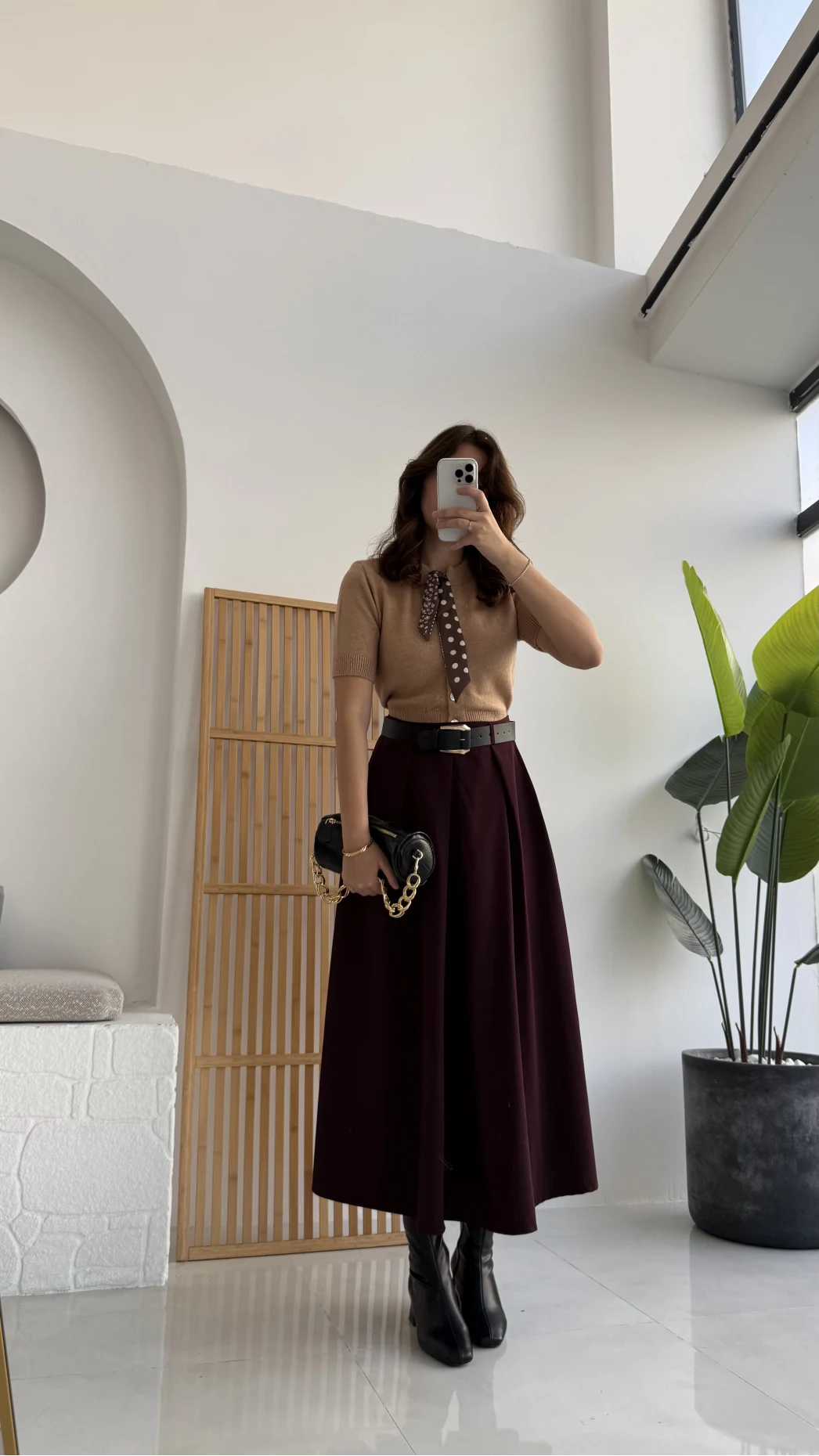 Lovelyy Poliviskon Kemerli Midi Etek - Bordo - Kod: 3360