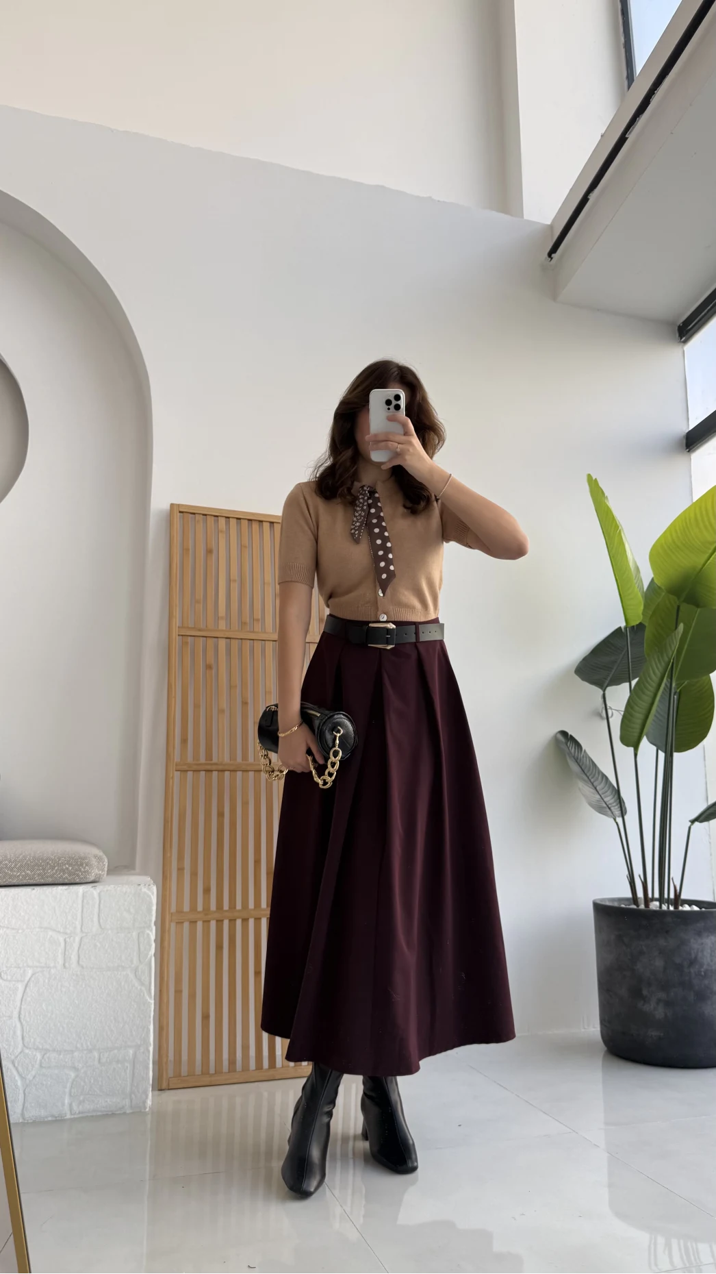 Lovelyy Poliviskon Kemerli Midi Etek - Bordo - Kod: 3360