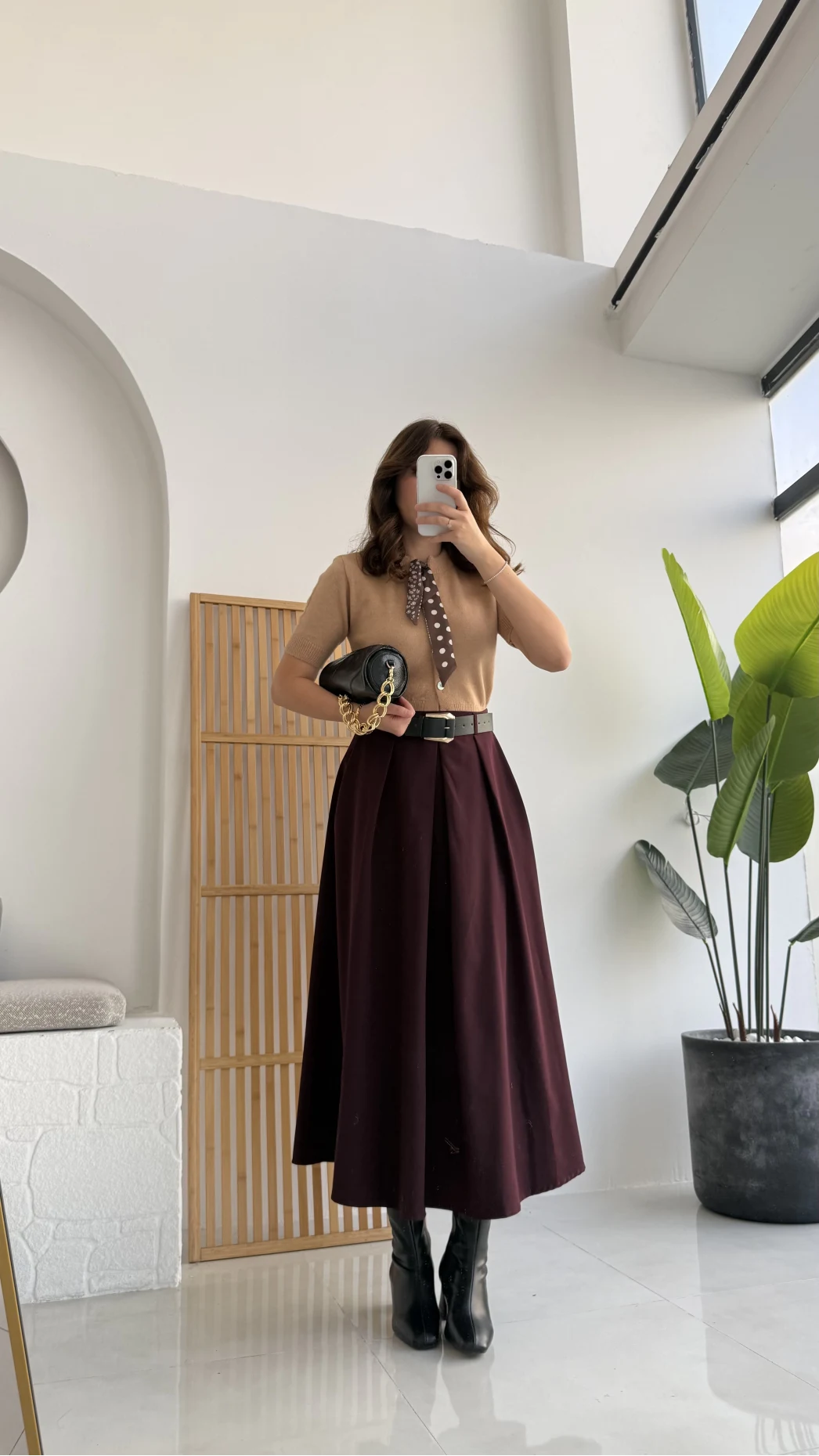 Lovelyy Poliviskon Kemerli Midi Etek - Bordo - Kod: 3360