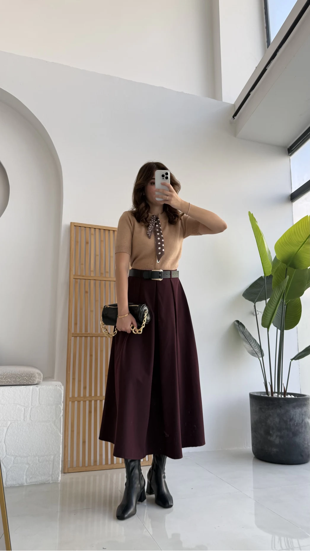 Lovelyy Poliviskon Kemerli Midi Etek - Bordo - Kod: 3360