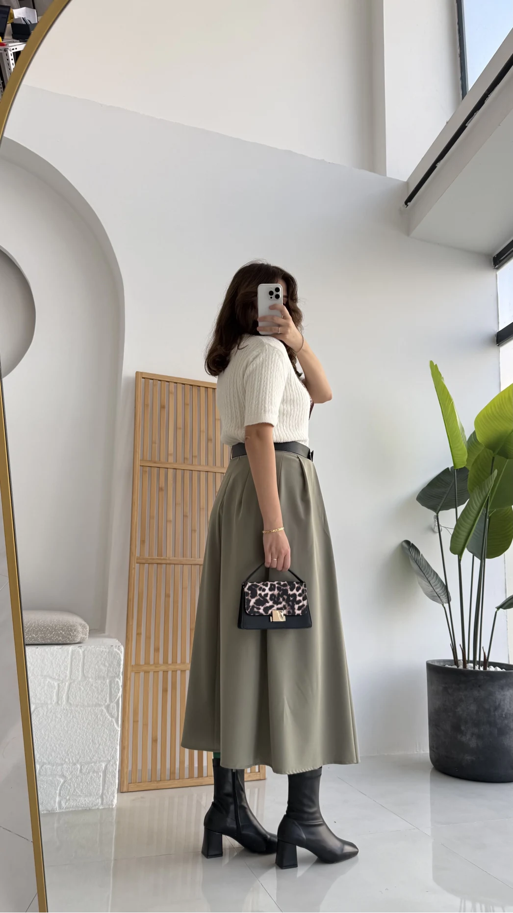 Lovelyy Poliviskon Kemerli Midi Etek - Haki - Kod: 3360