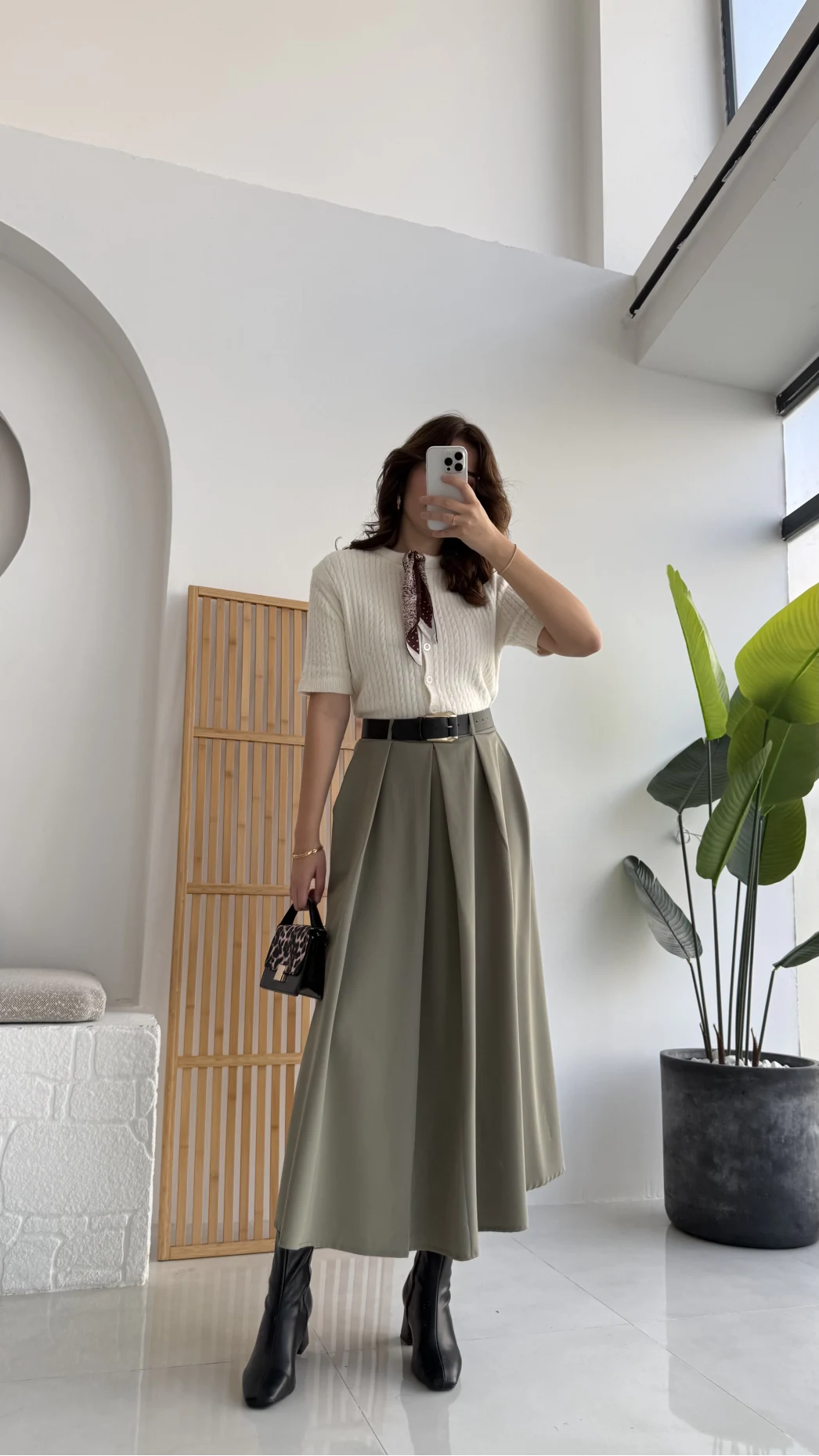 Lovelyy Poliviskon Kemerli Midi Etek - Haki - Kod: 3360