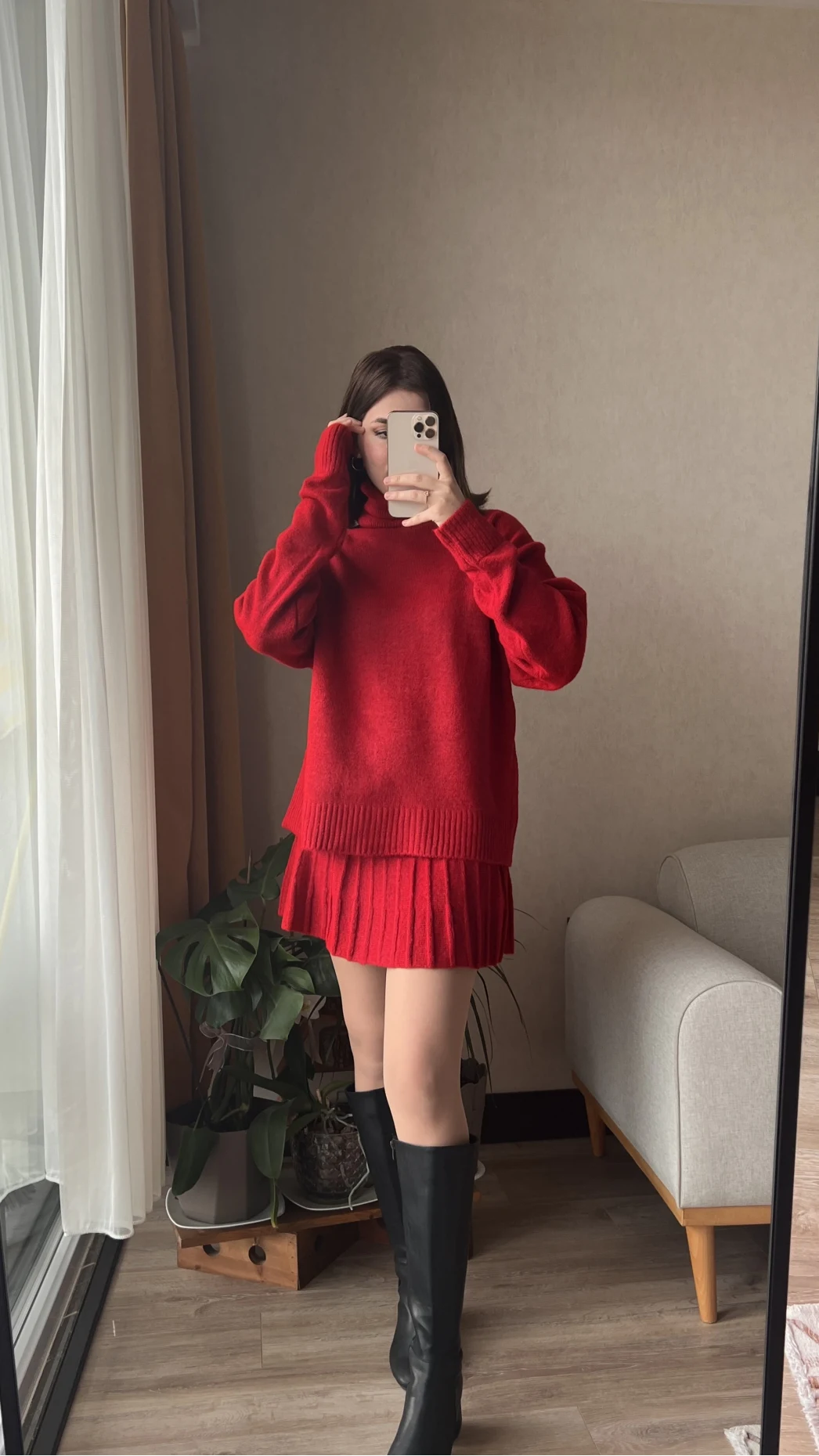 Lowe Kırmızı Triko Kazak Etek Takım