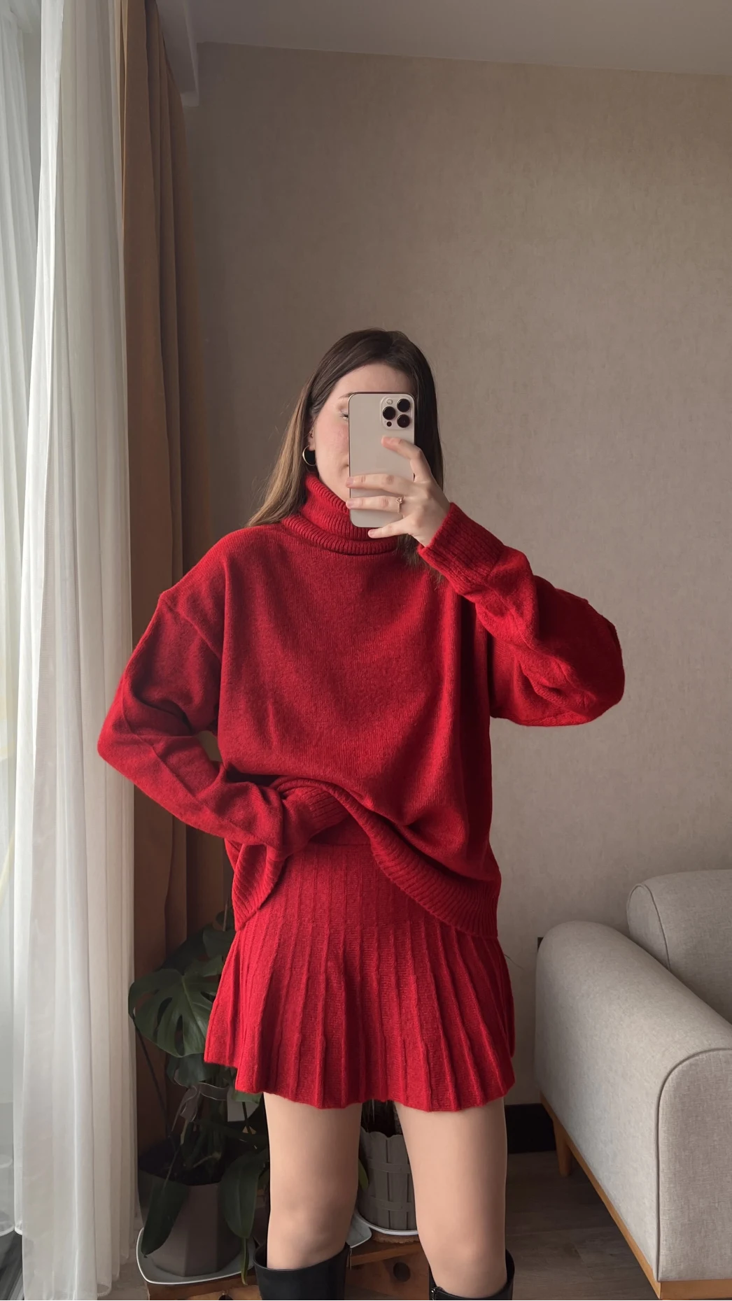 Lowe Kırmızı Triko Kazak Etek Takım