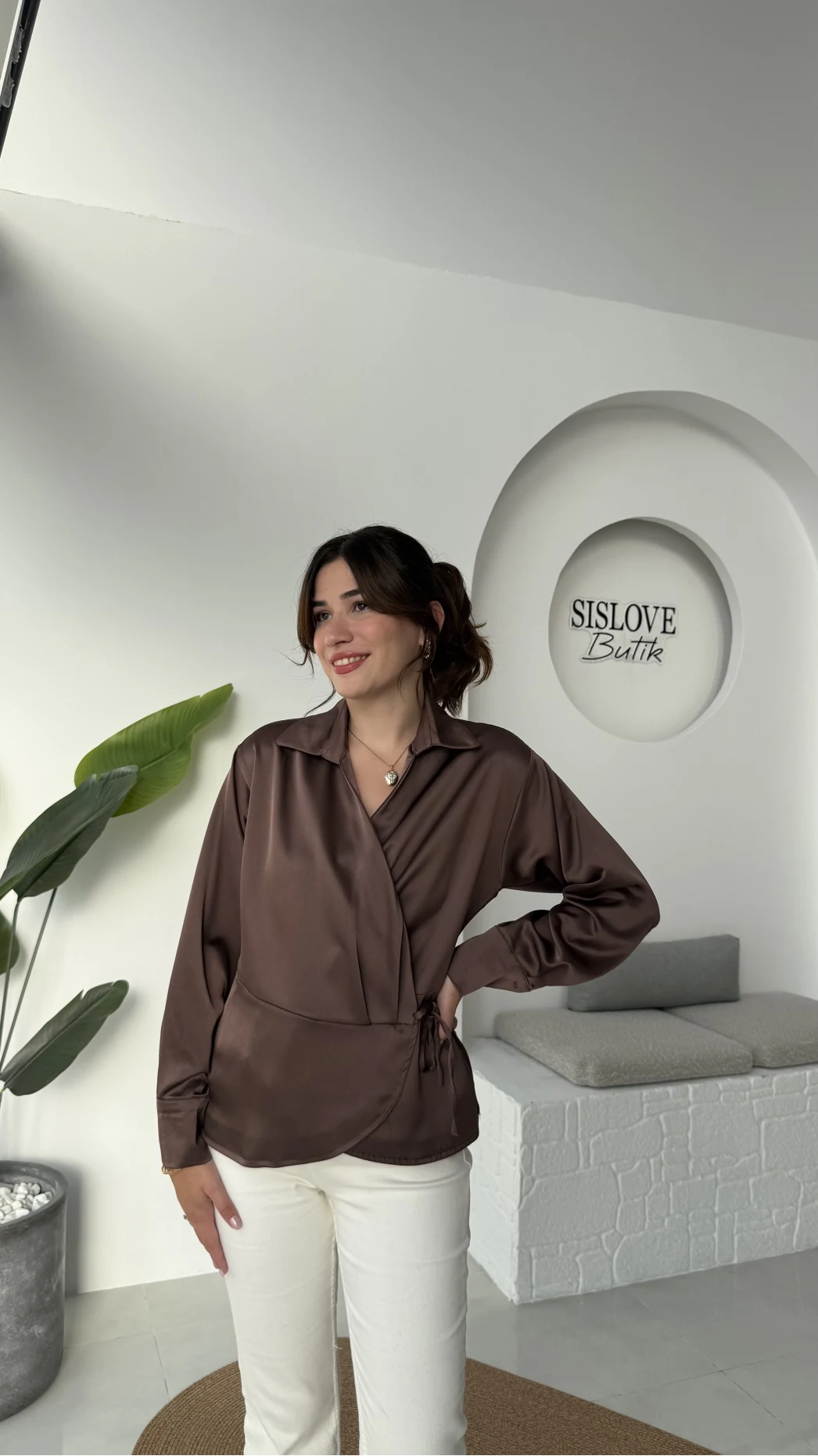 Lucy Saten Gömlek - Kahverengi - Kod: 2133