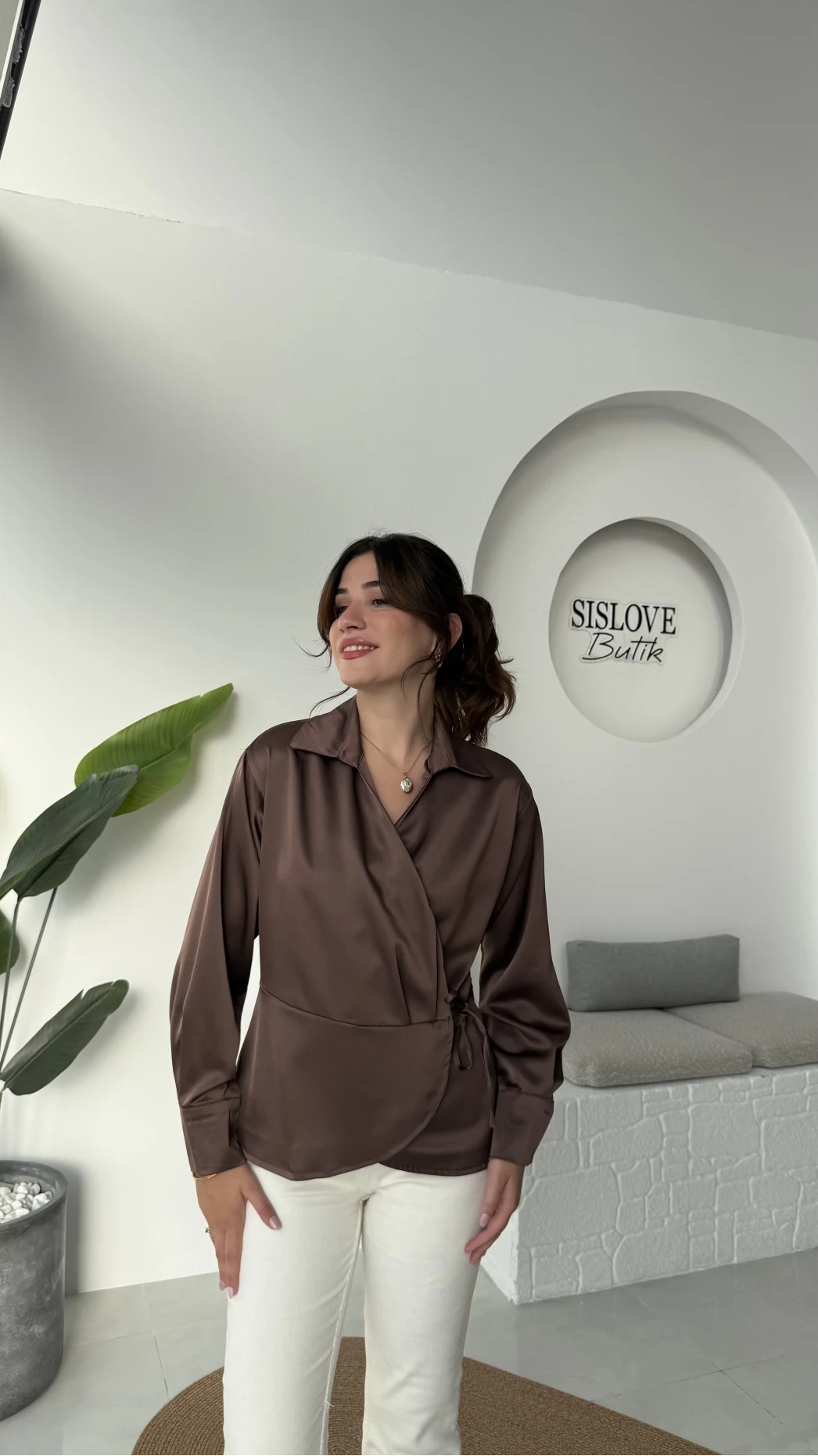 Lucy Saten Gömlek - Kahverengi - Kod: 2133