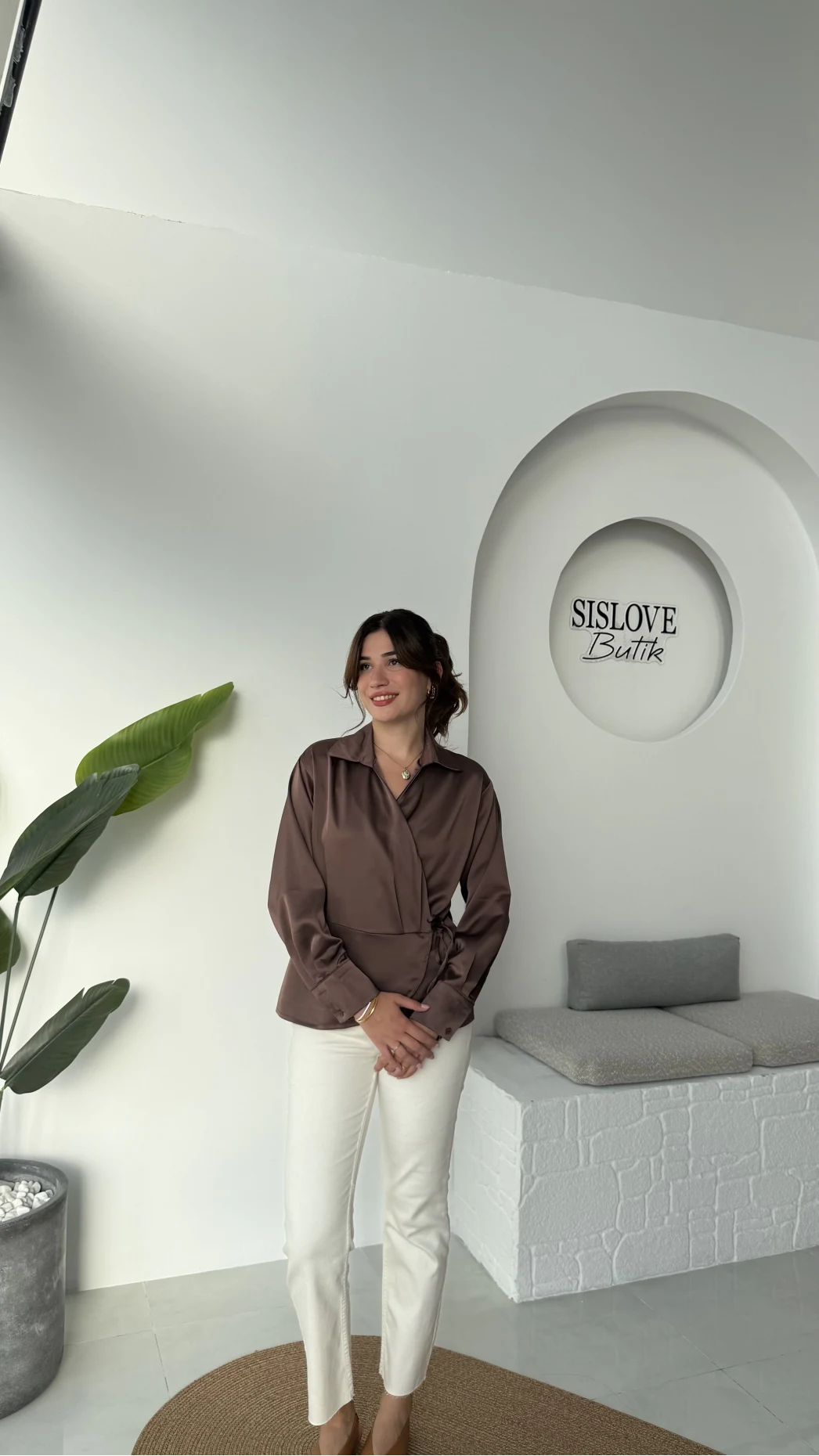 Lucy Saten Gömlek - Kahverengi - Kod: 2133