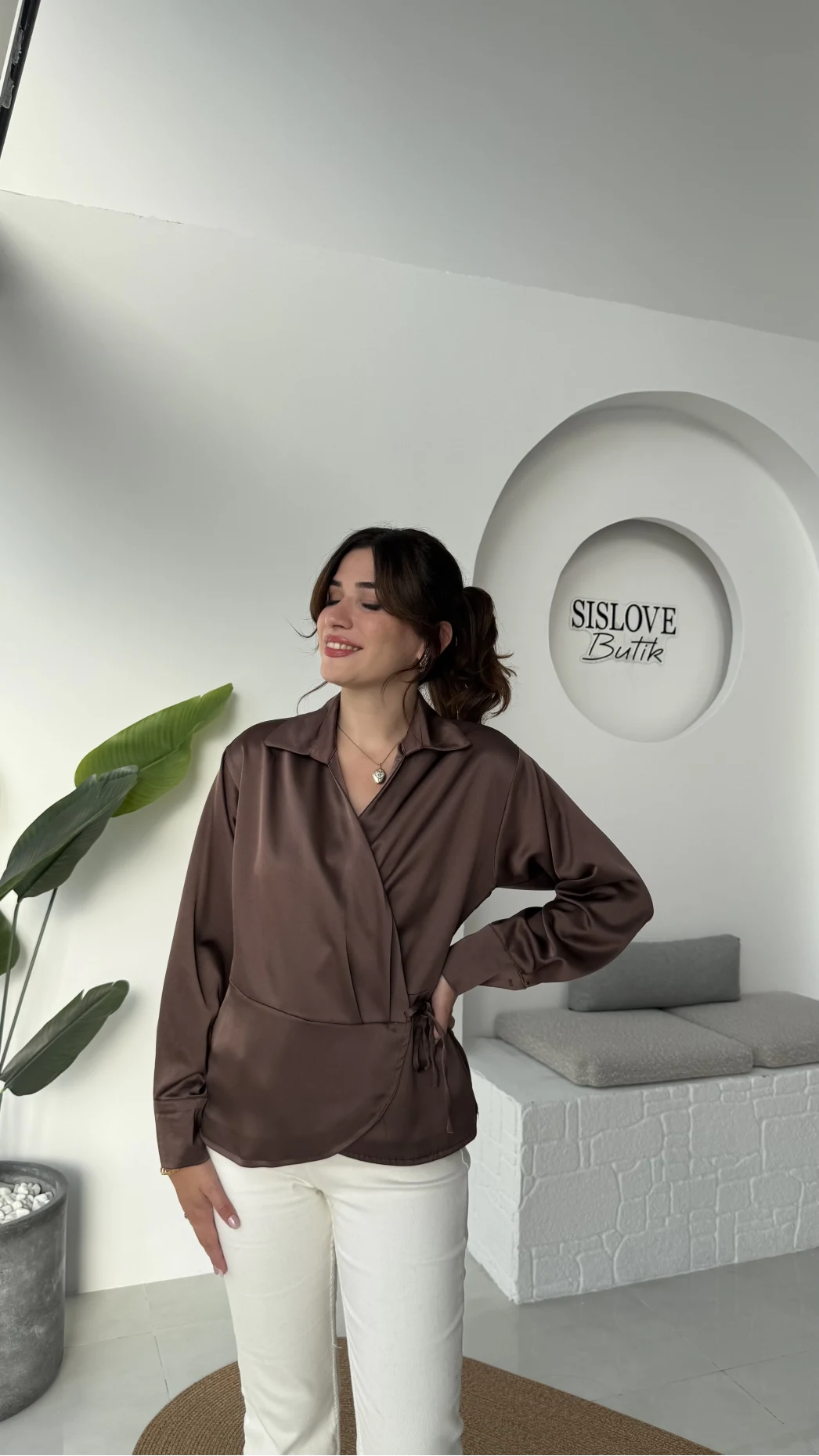 Lucy Saten Gömlek - Kahverengi - Kod: 2133