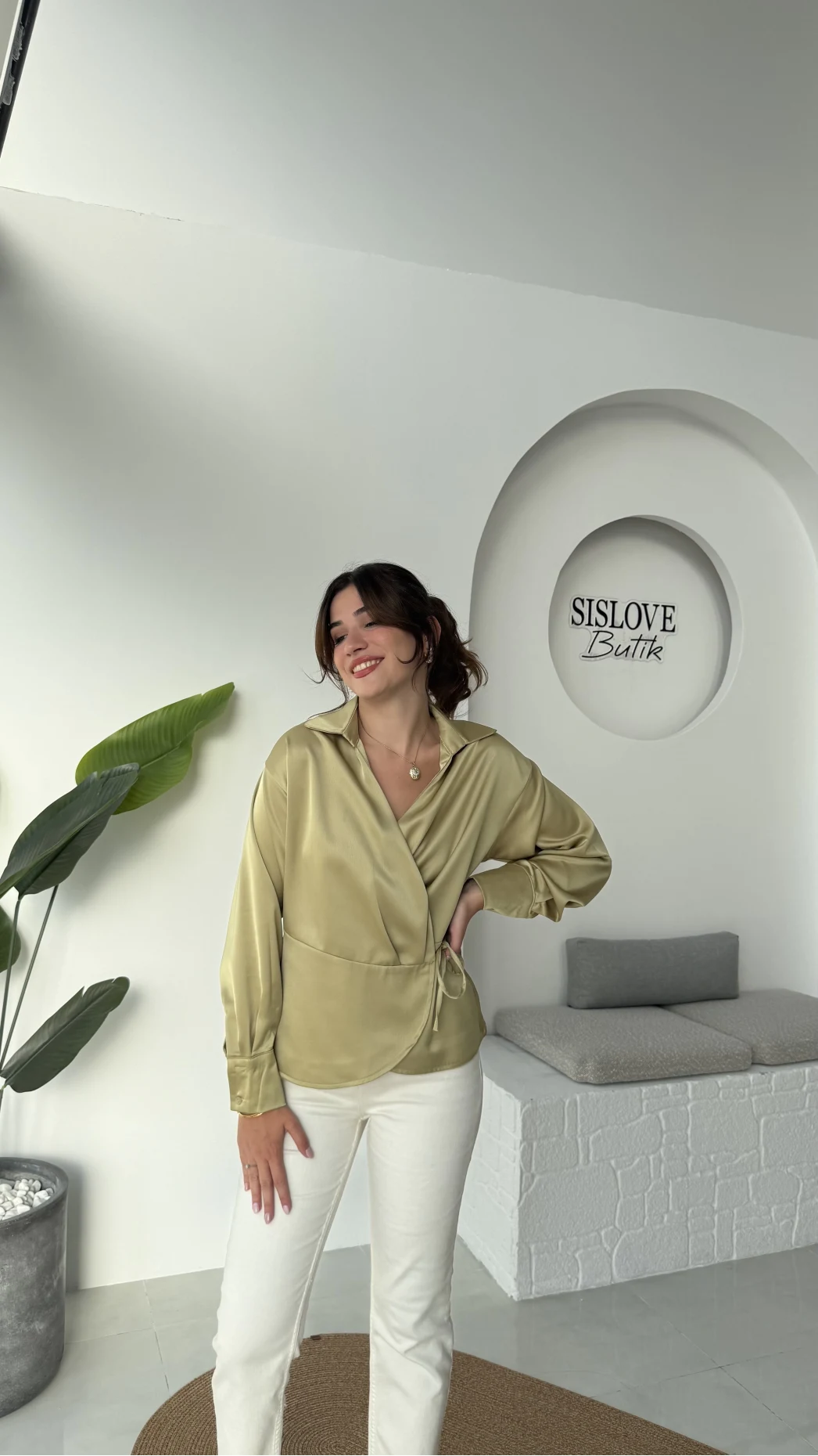 Lucy Saten Gömlek - Yağ Yeşili - Kod: 2133