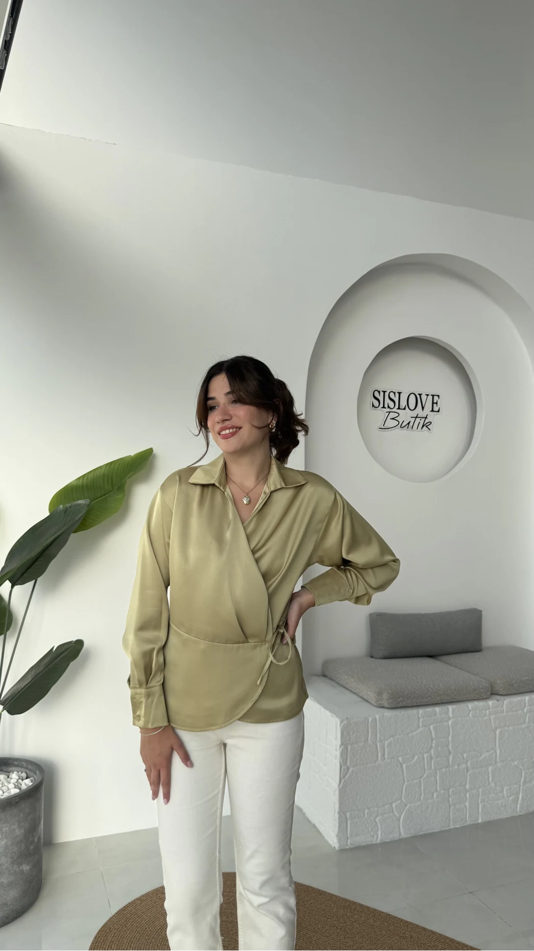 Lucy Saten Gömlek - Yağ Yeşili - Kod: 2133